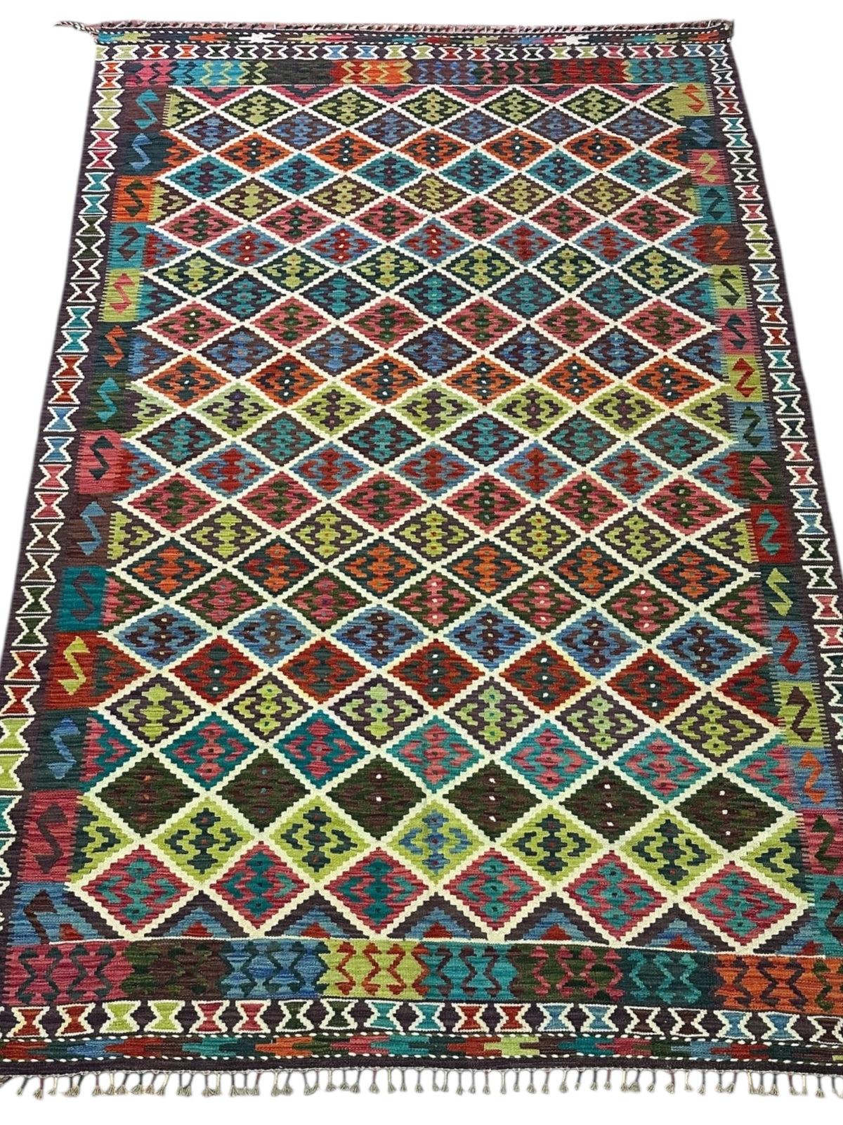 Afghan Kilim Rug 6x10, Ivory, Navy & Teal, Hand-Woven Wool Flatweave, view 2