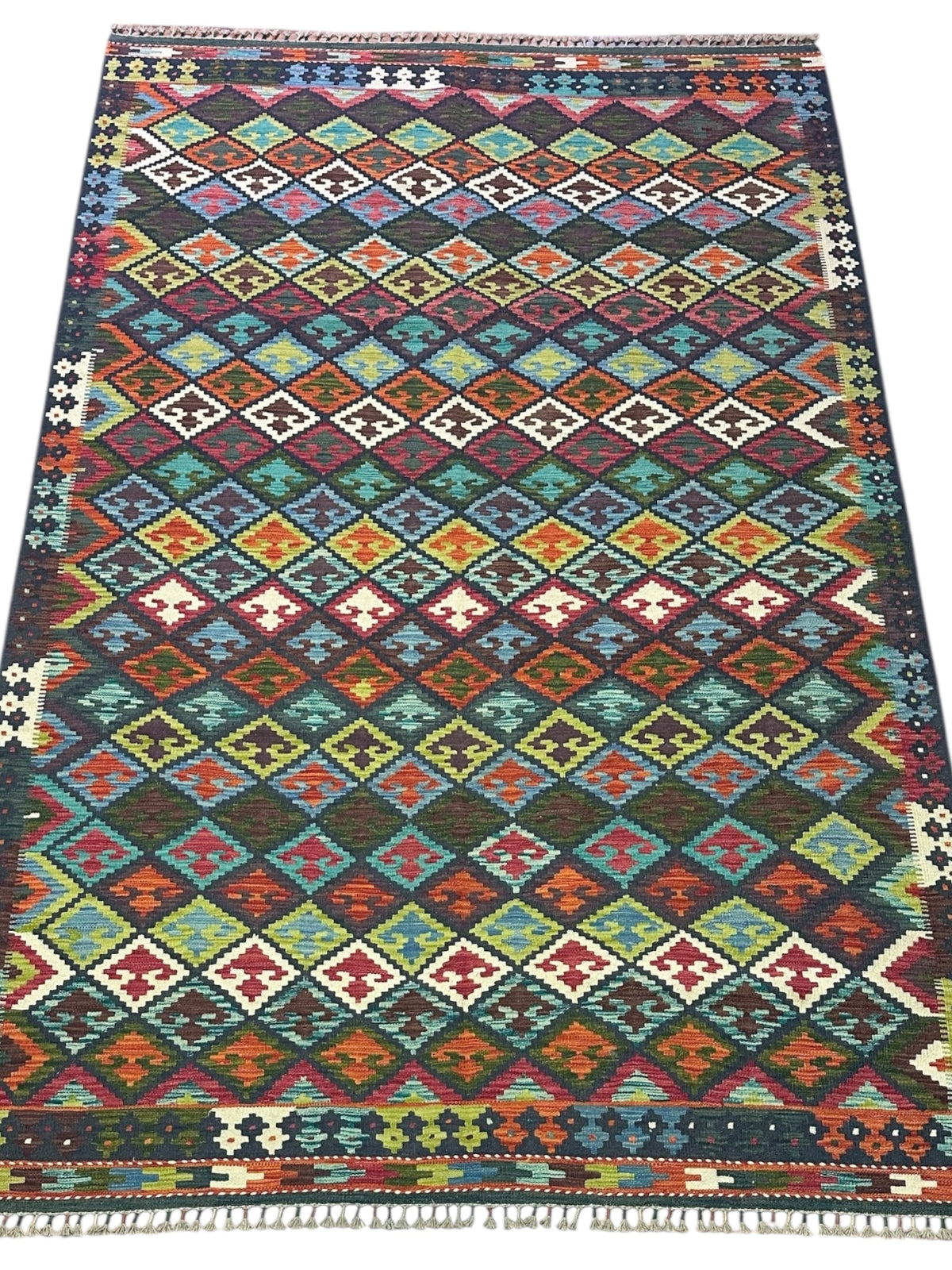 Afghan Kilim Rug 6x10, Navy, Rust & Teal, Hand-Woven Wool Flatweave, view 2