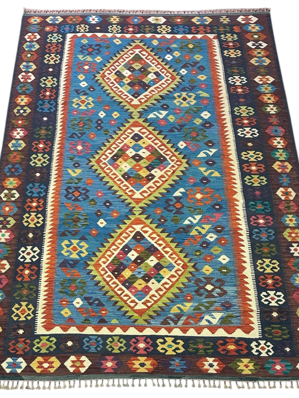 Afghan Kilim Rug 7x10, Blue, Navy & Rust, Diamond Medallion Wool Flatweave, Ivory Accents, view 2