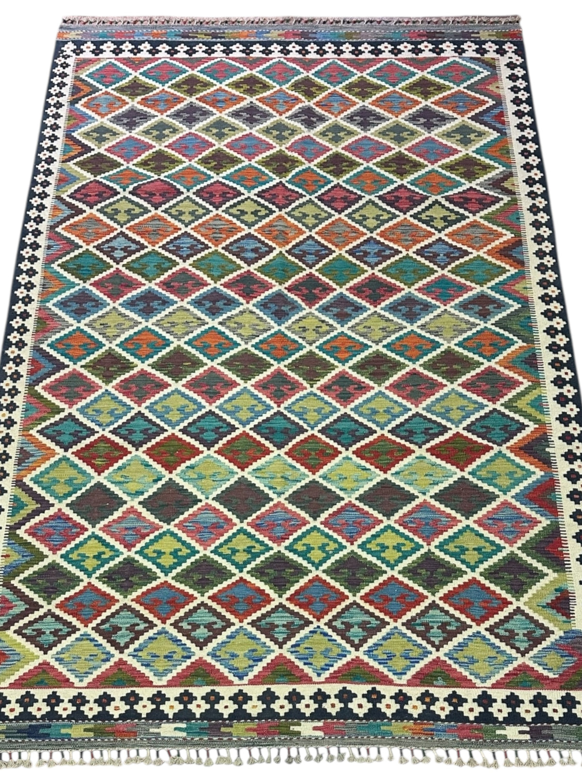 Afghan Kilim Rug 7x10, Ivory, Green & Rust, Hand-Woven Wool Flatweave, view 2
