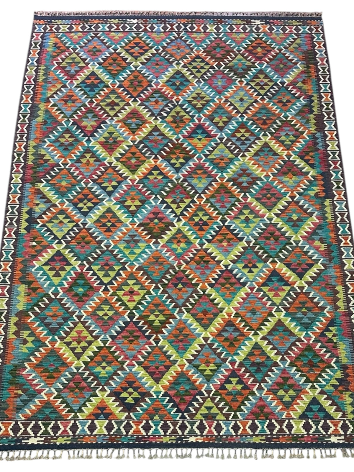 Afghan Kilim Rug 7x10, Teal, Rust & Brown, Hand-Woven Wool Flatweave, view 2