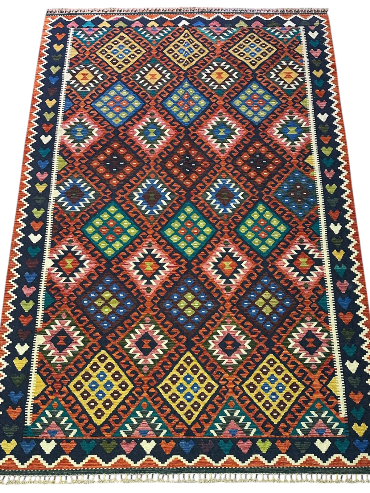 Afghan Kilim Rug 7x10, Rust, Navy & Blue, Hand-Woven Wool Flatweave, view 2