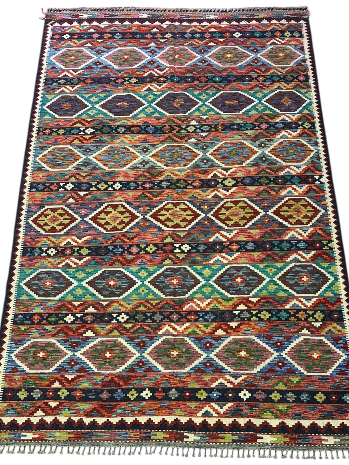 Afghan Kilim Rug 6x10, Rust, Brown & Teal, Striped Wool Flatweave, view 2