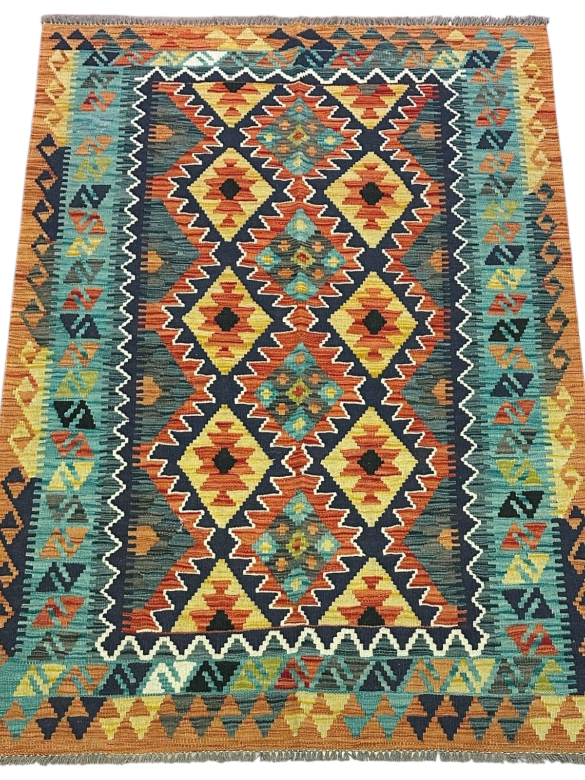Afghan Kilim Rug 4x6, Rust, Navy & Teal, Hand-Woven Wool Flatweave, view 2