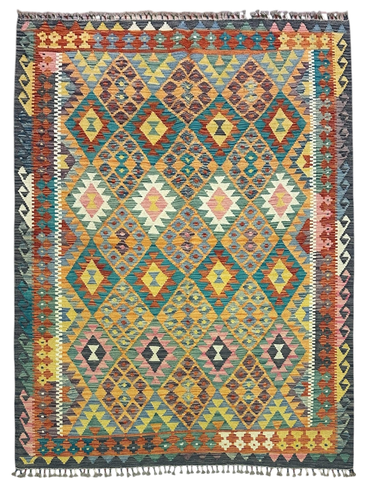Afghan Kilim Rug 5x7, Gold, Rust & Teal, Hand-Woven Wool Flatweave