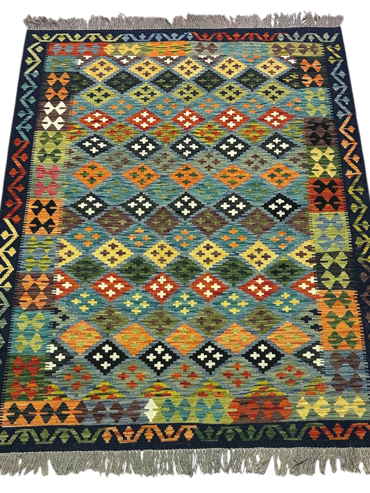 Afghan Kilim Rug 5x7, Teal, Navy & Gold, Diamond Lattice Wool Flatweave, view 2