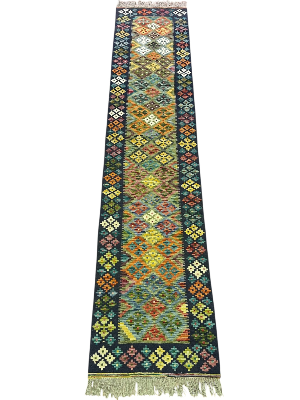 Afghan Kilim Runner 3x13, Gold, Teal & Navy, Hand-Woven Wool Flatweave, view 2