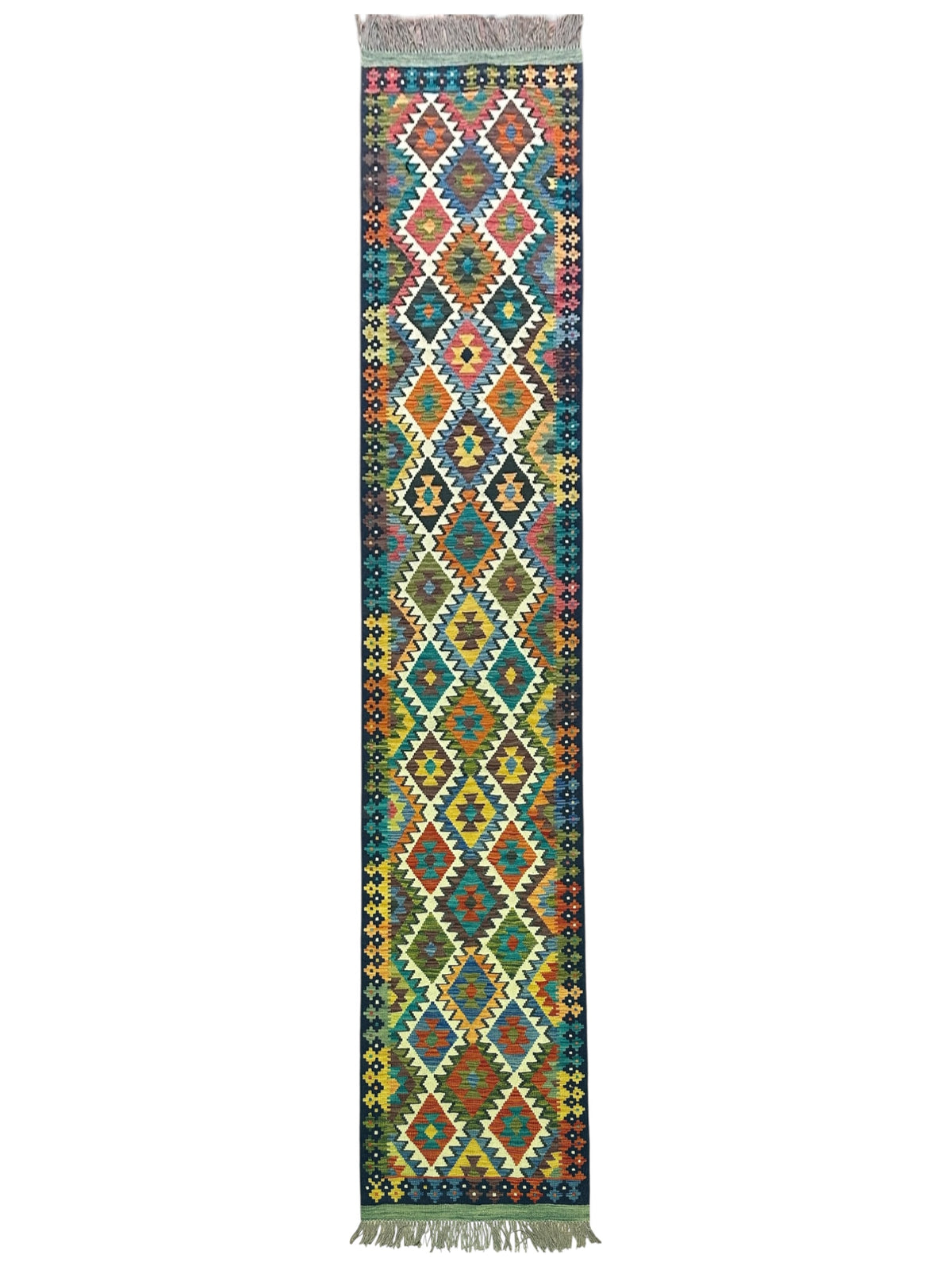 Afghan Kilim Runner 3x13, Teal, Rust & Ivory, Hand-Woven Wool Flatweave