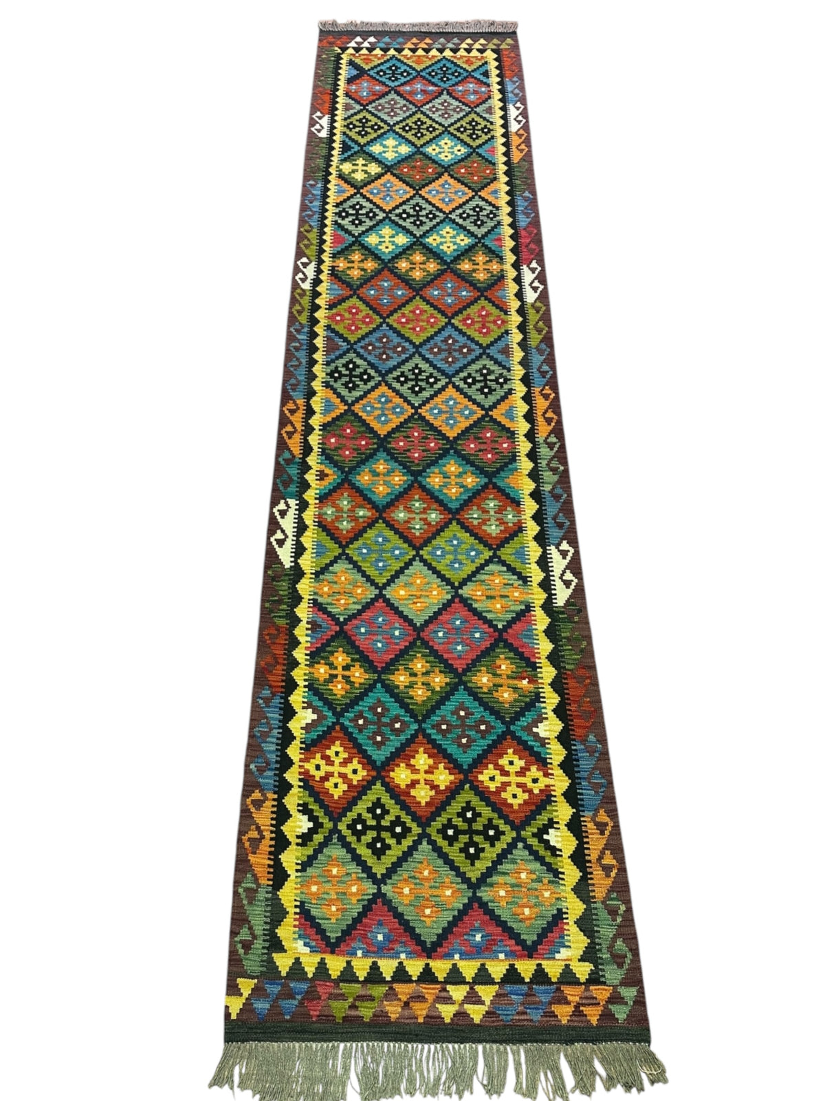 Afghan Kilim Runner 3x14, Navy, Teal & Gold, Hand-Woven Wool Flatweave, view 2