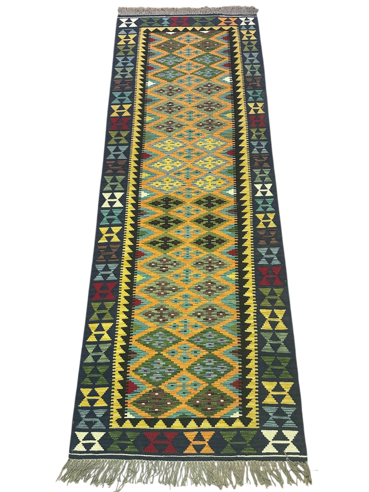 Afghan Kilim Runner 3x10, Gold, Navy & Ivory, Hand-Woven Wool Flatweave, view 2