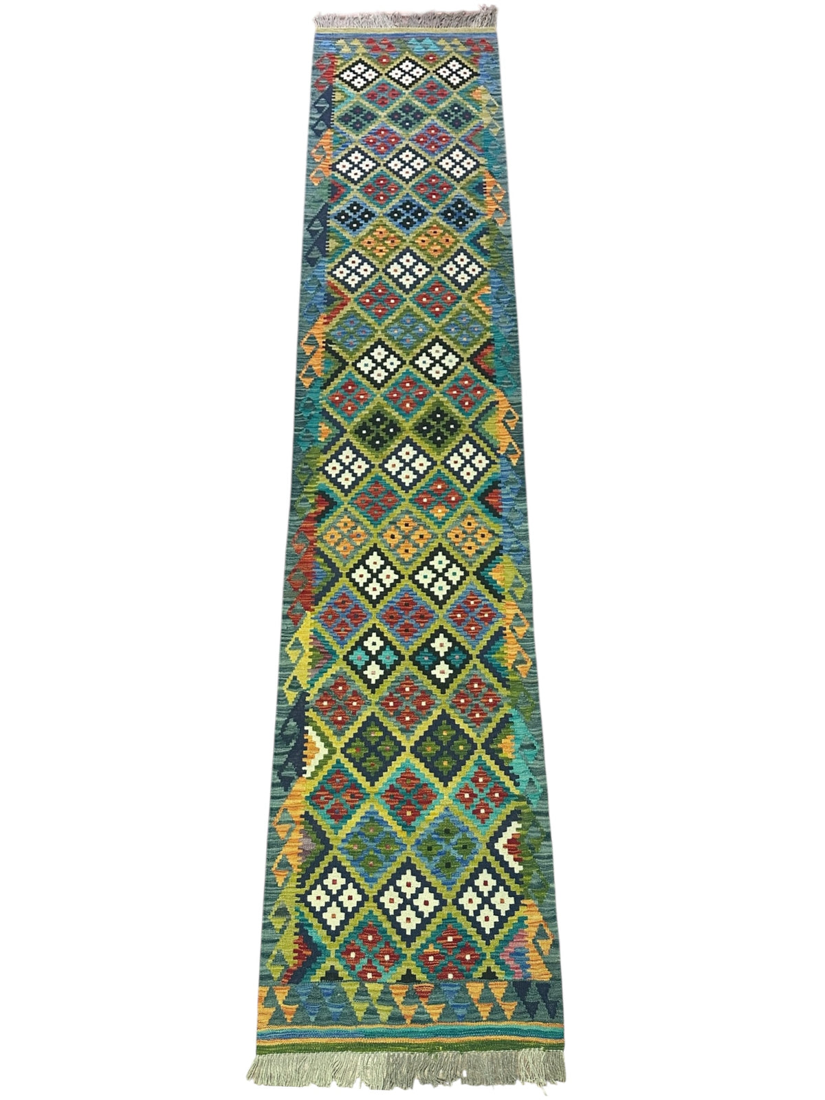 Afghan Kilim Runner 3x13, Teal, Green & Olive Green, Hand-Woven Wool Flatweave, view 2