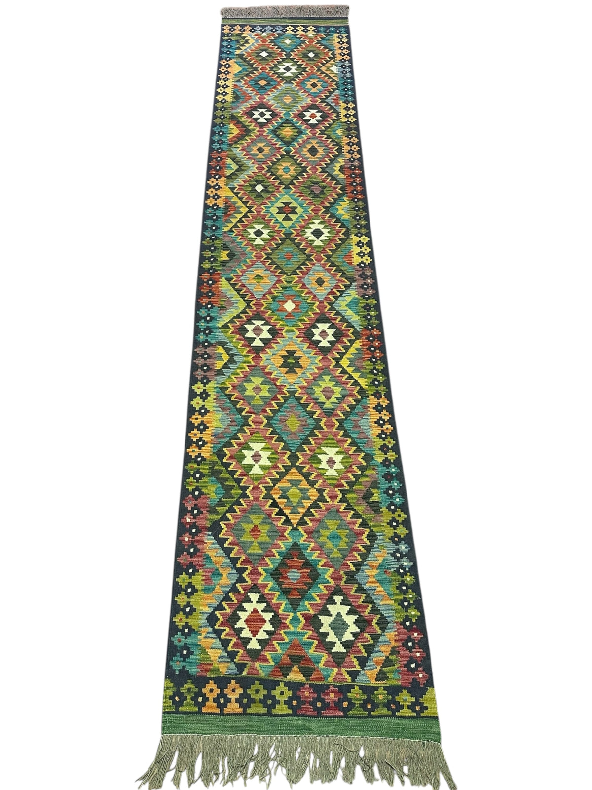 Afghan Kilim Runner 3x13, Navy, Teal & Rust, Hand-Woven Wool Flatweave, view 2