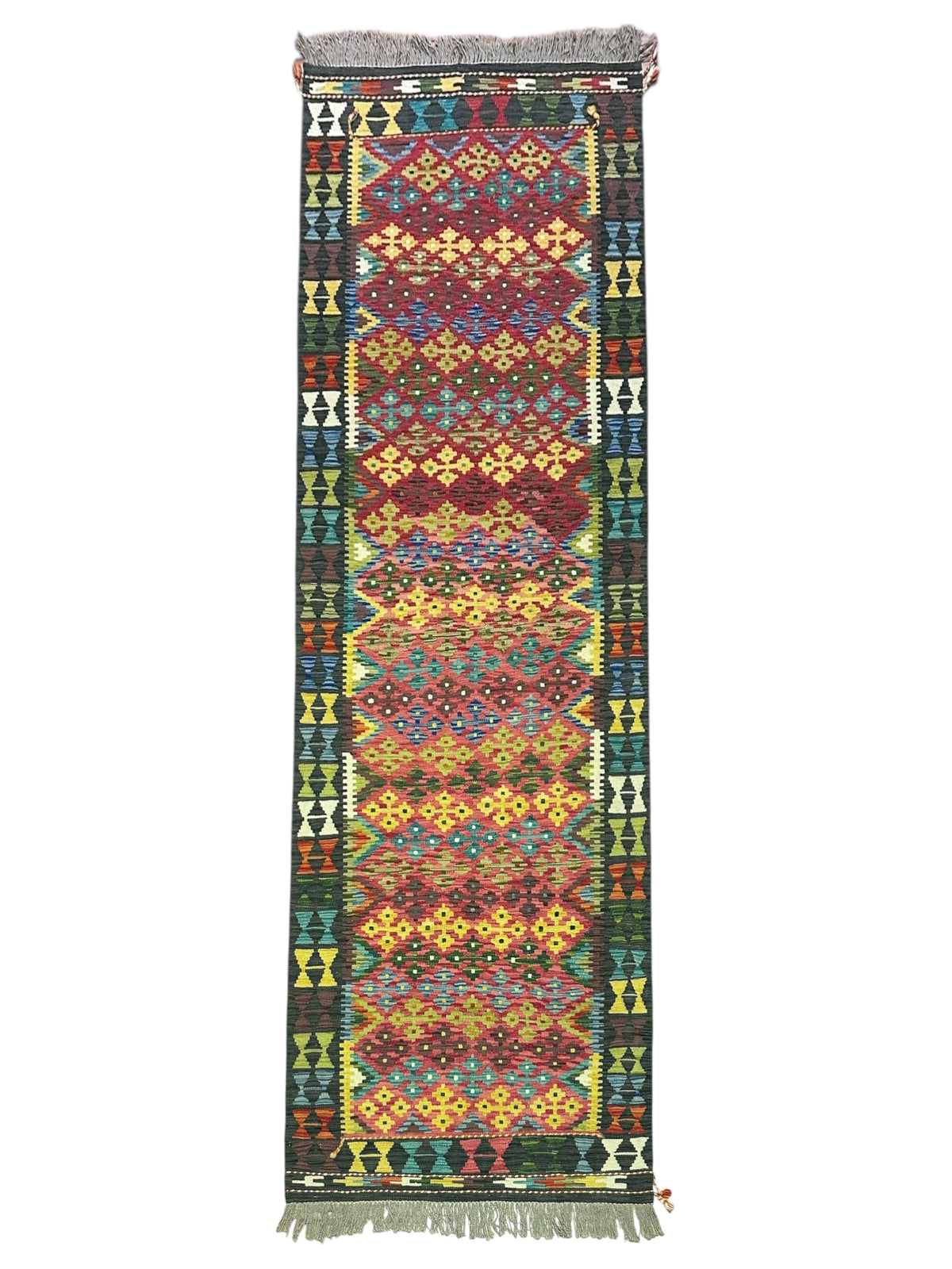 Afghan Kilim Runner 3x10, Pink, Yellow & Black, Hand-Woven Wool Flatweave