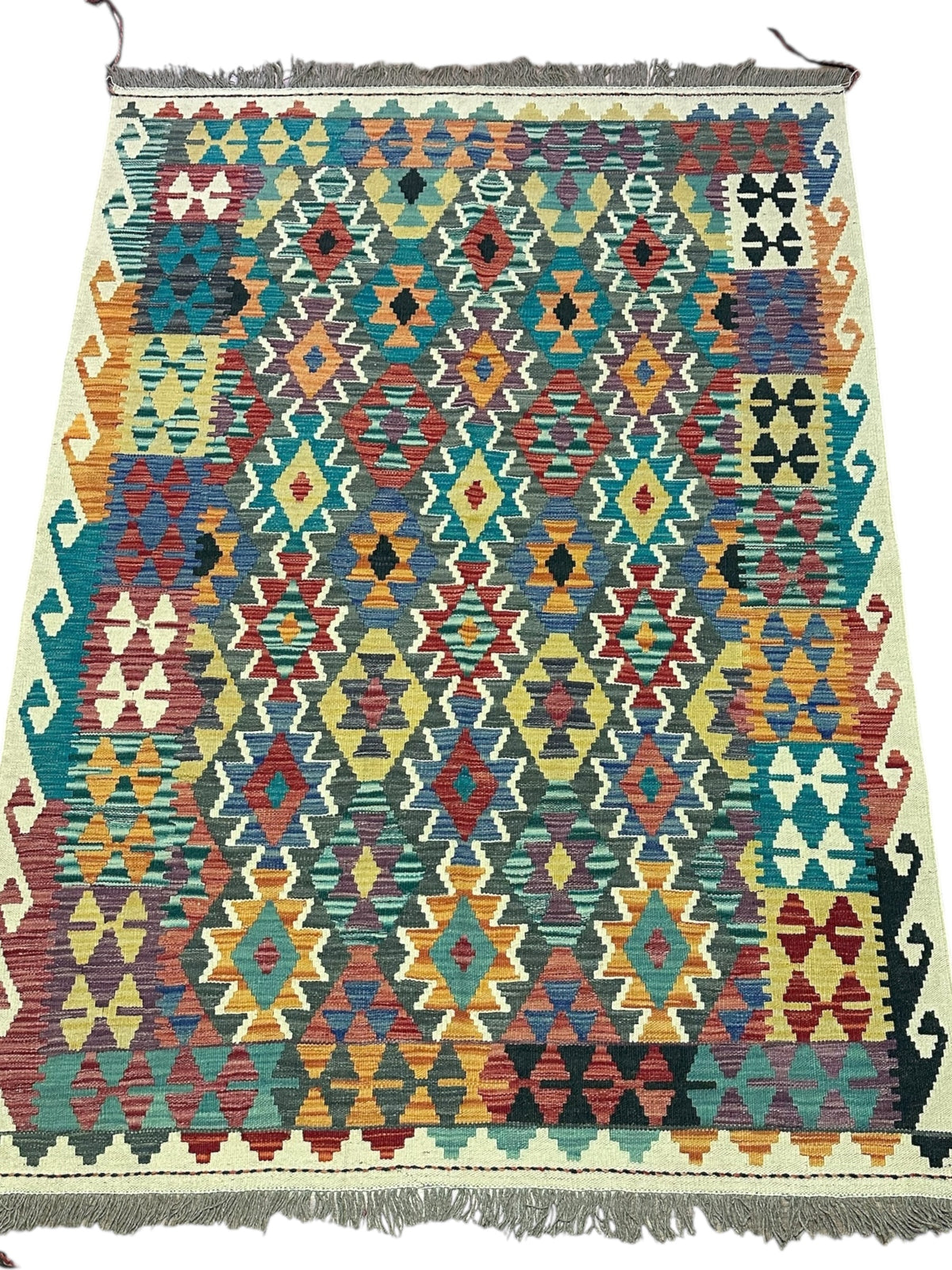 Afghan Kilim Rug 5x7, Teal, Rust & Ivory, Hand-Woven Wool Flatweave, view 2