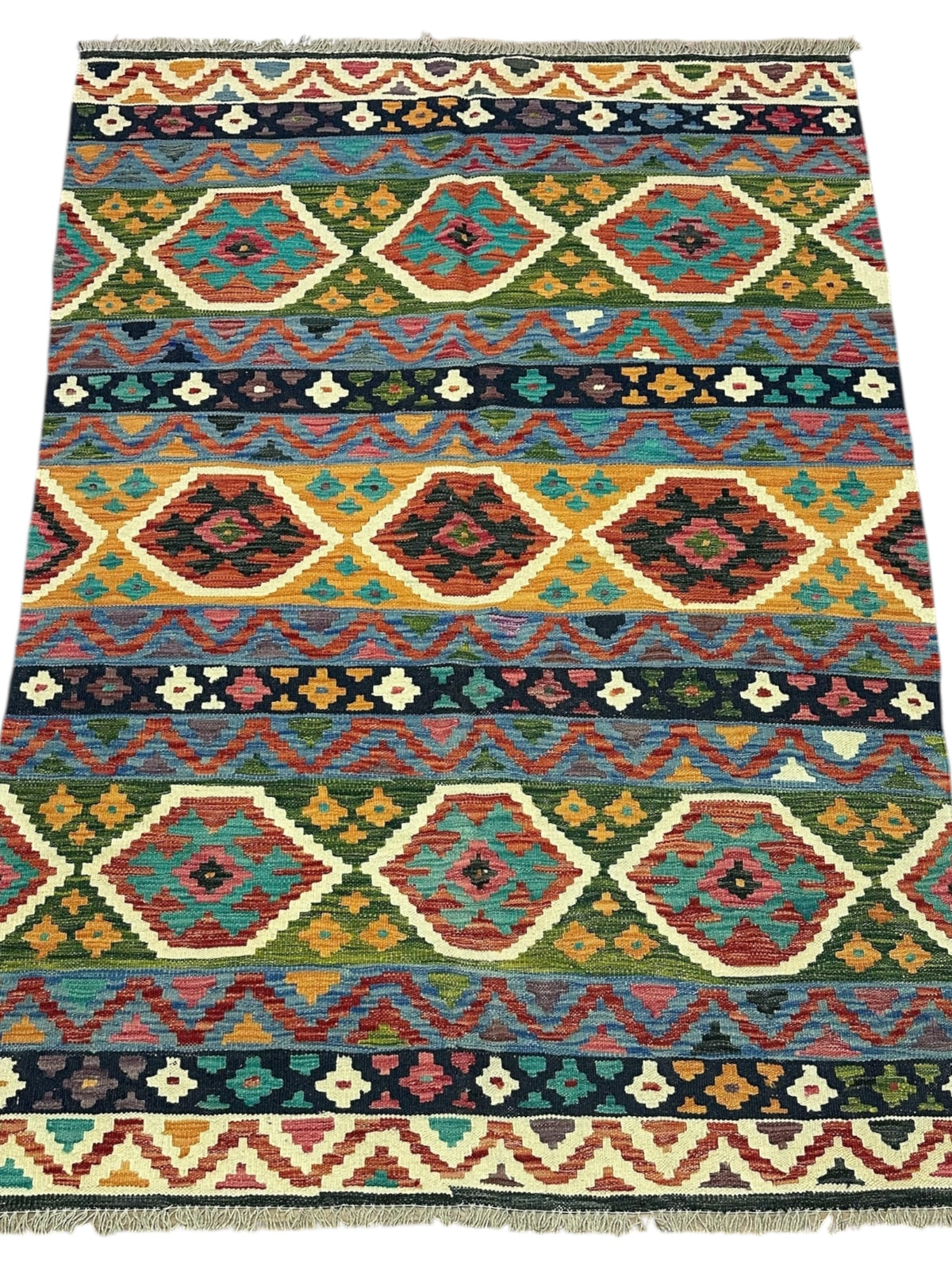 Afghan Kilim Rug 5x7, Rust, Teal & Navy, Hand-Woven Wool Flatweave, view 2