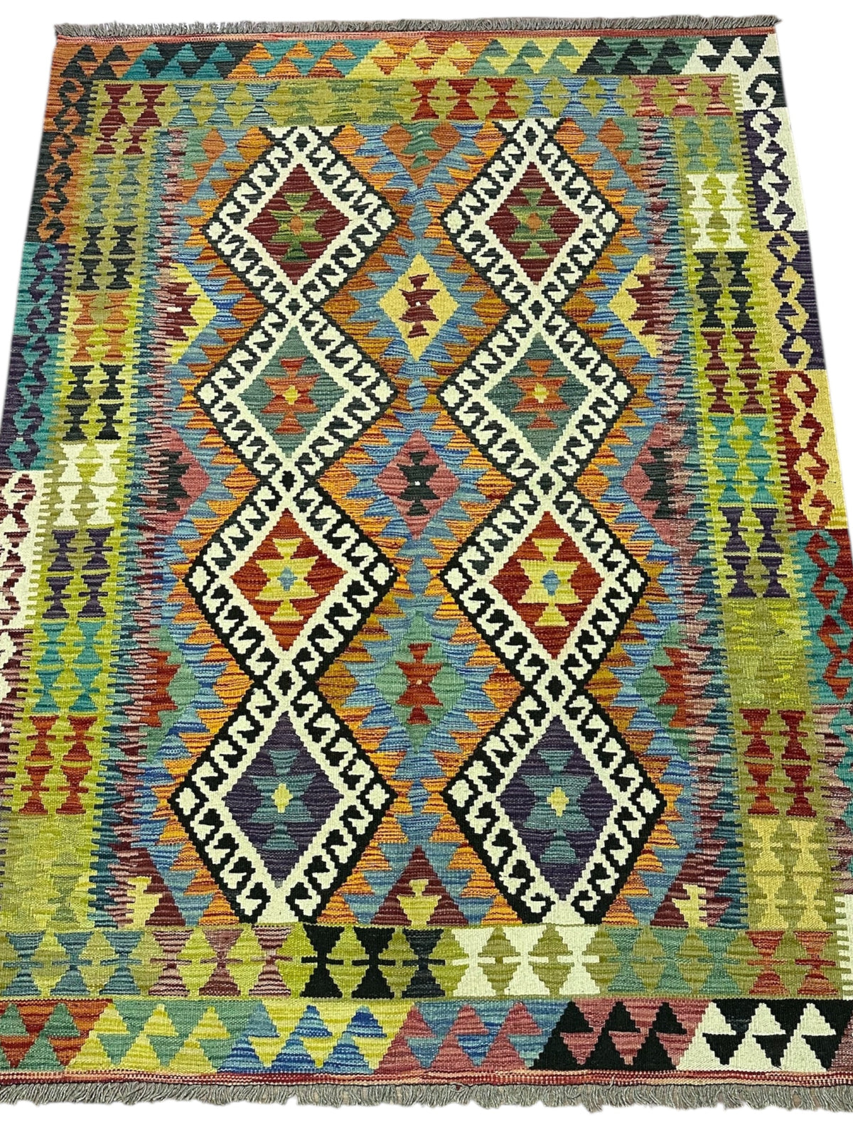 Afghan Kilim Rug 5x6, Gray, Olive Green & Rust, Hand-Woven Wool Flatweave, view 2