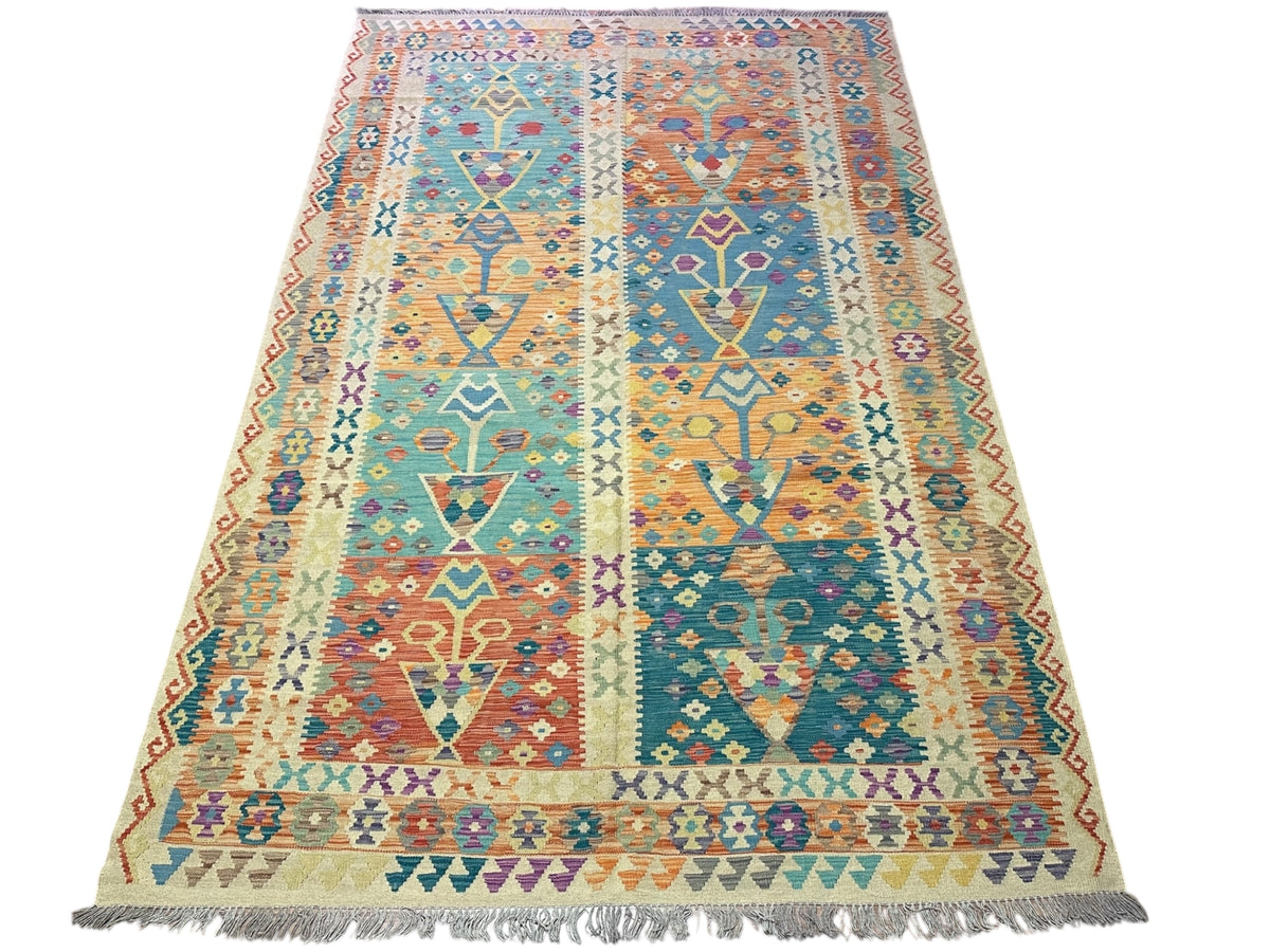 Afghan Kilim Rug 7x10, Beige, Teal & Rust, Hand-Woven Wool Flatweave, view 2