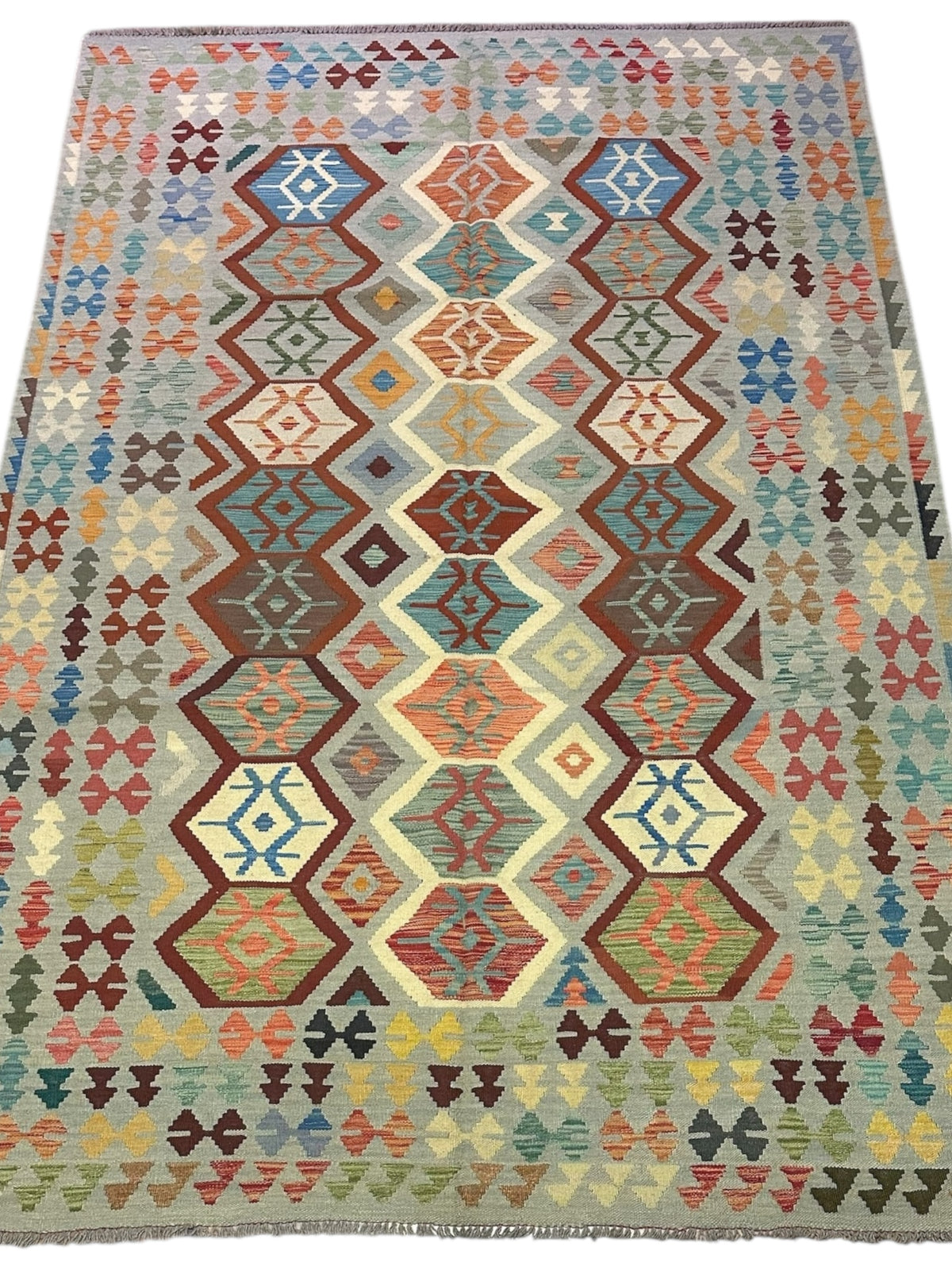 Afghan Kilim Rug 6x10, Gray, Brown & Rust, Hand-Woven Wool Flatweave, view 2