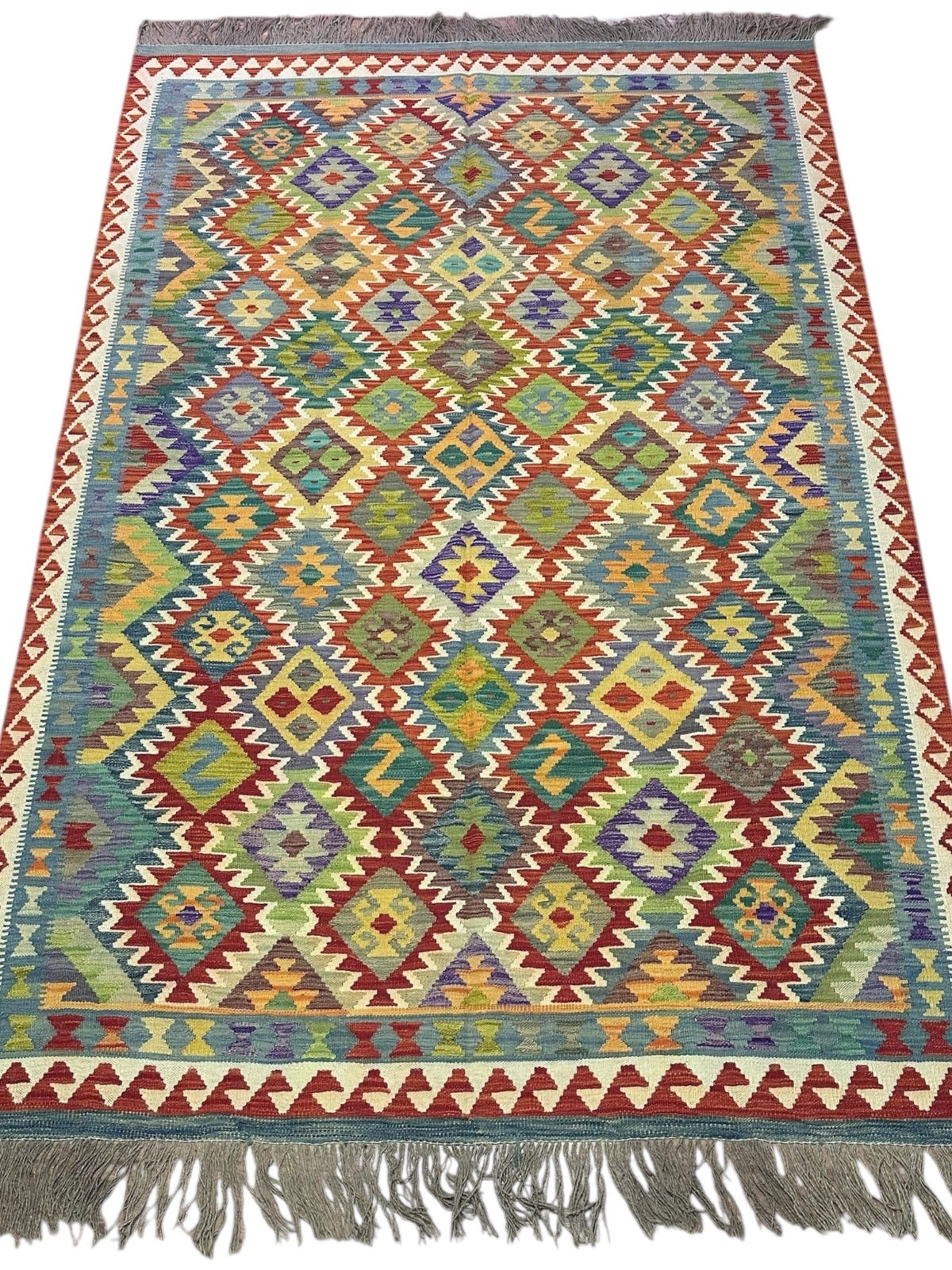 Afghan Kilim Rug 7x10, Olive Green, Red & Gold, Hand-Woven Wool Flatweave, view 2