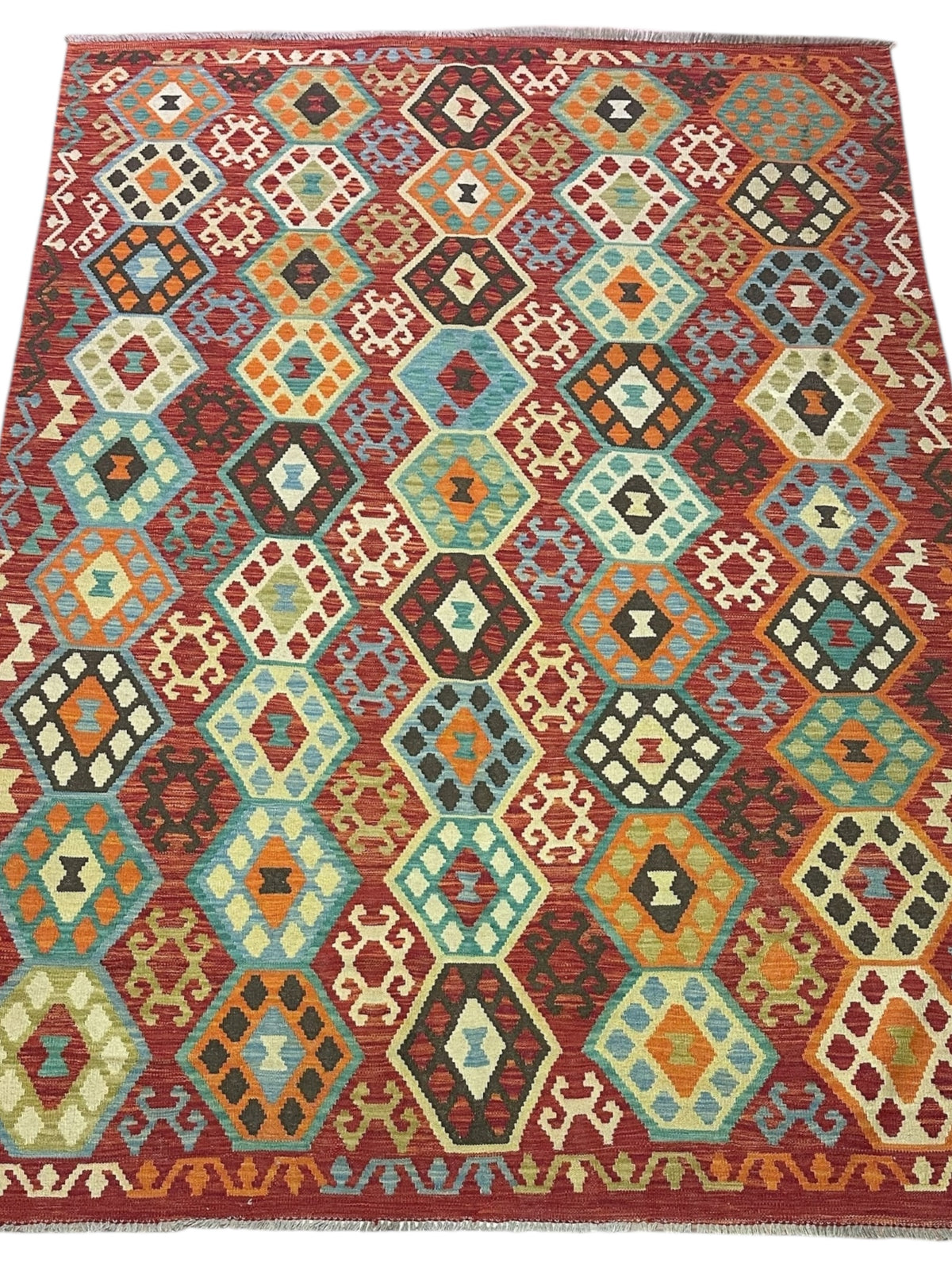 Afghan Kilim Rug 7x10, Red, Teal & Ivory, Hand-Woven Wool Flatweave, view 2