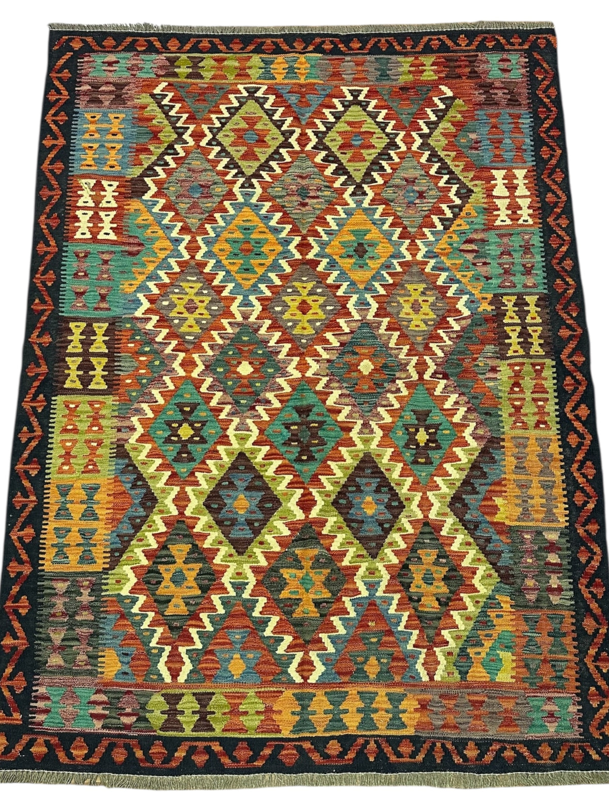 Afghan Kilim Rug 5x7, Rust, Gold & Navy, Hand-Woven Wool Flatweave, view 2