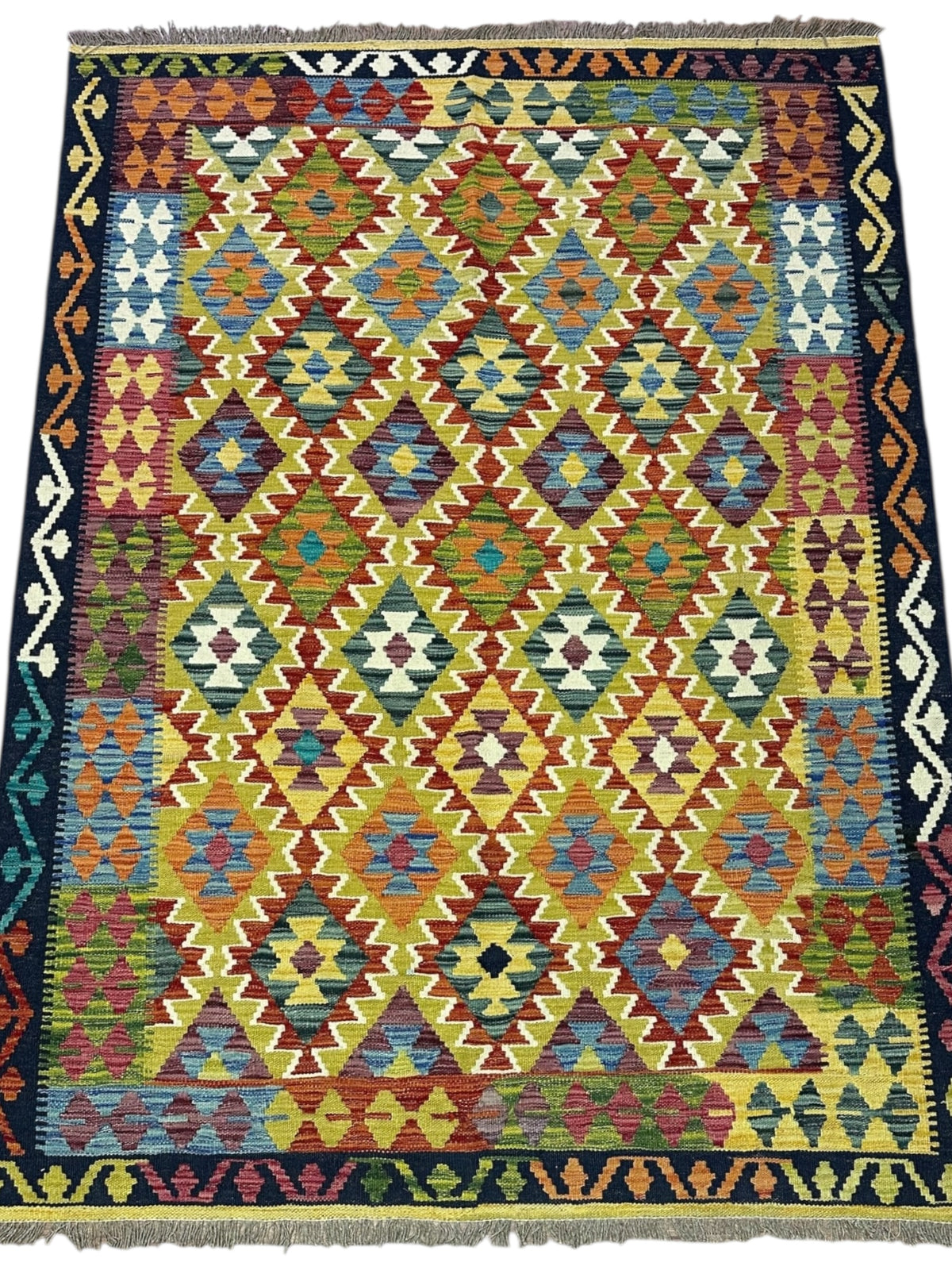 Afghan Kilim Rug 5x7, Gold, Navy & Rust, Hand-Woven Wool Flatweave, view 2