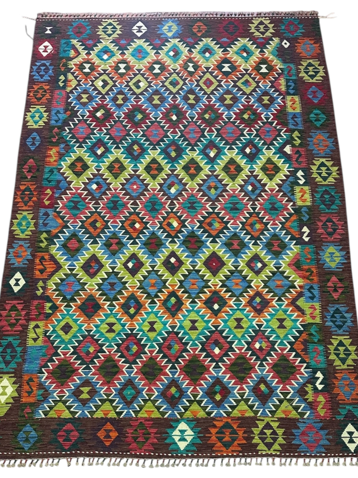 Afghan Kilim Rug 7x10, Teal, Brown & Pink, Hand-Woven Wool Flatweave, view 2