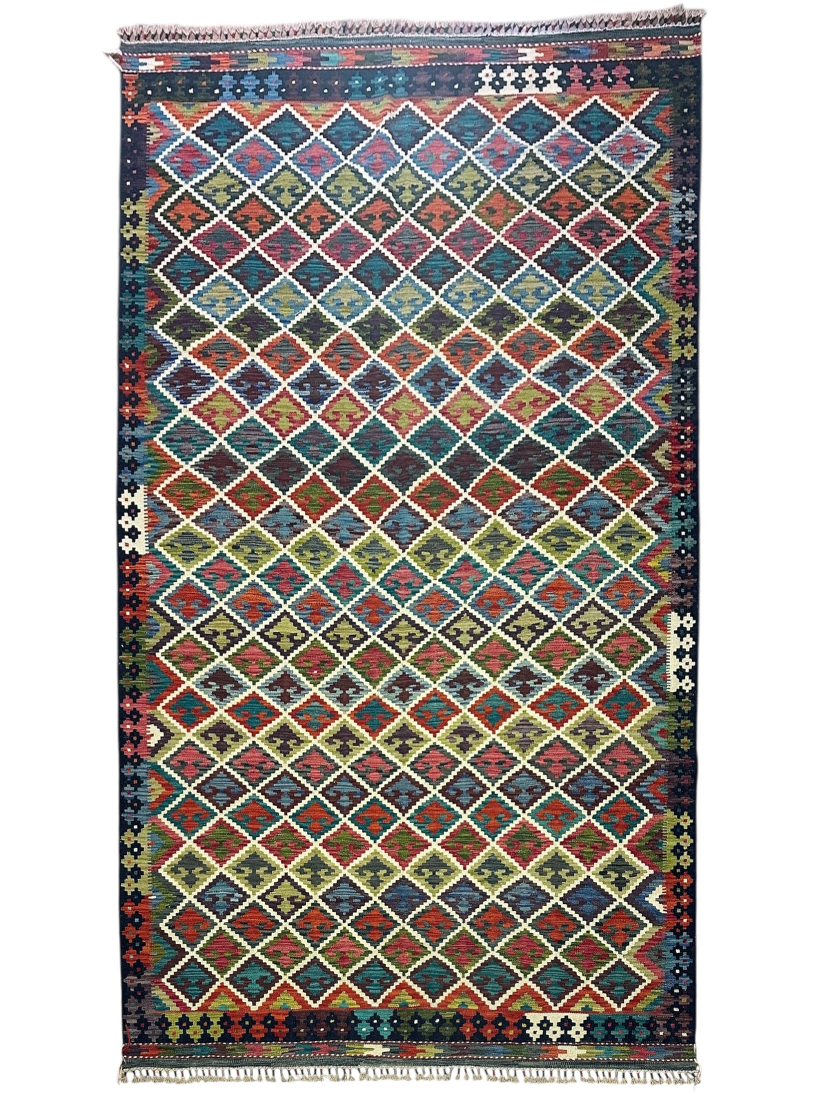 Afghan Kilim Rug 7x10, Rust, Navy & Ivory, Hand-Woven Wool Flatweave