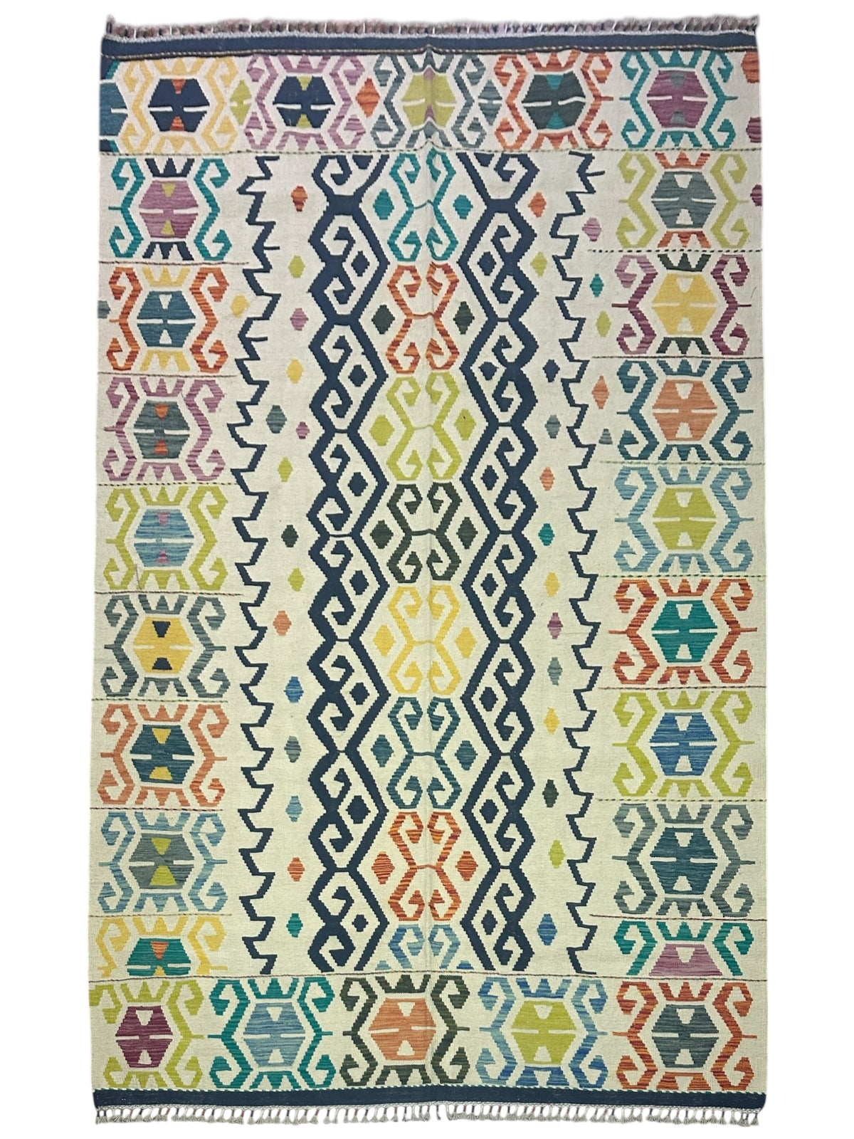 Afghan Kilim Rug 7x10, Ivory, Navy & Teal, Hand-Woven Wool Flatweave