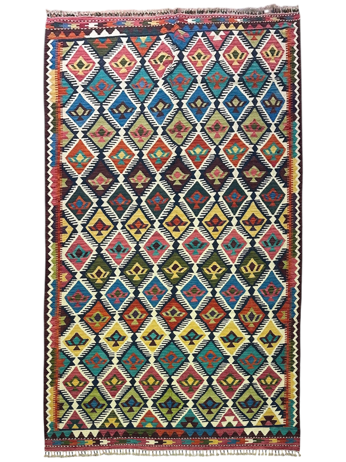 Afghan Kilim Rug 7x10, Navy, Ivory & Teal, Hand-Woven Wool Flatweave