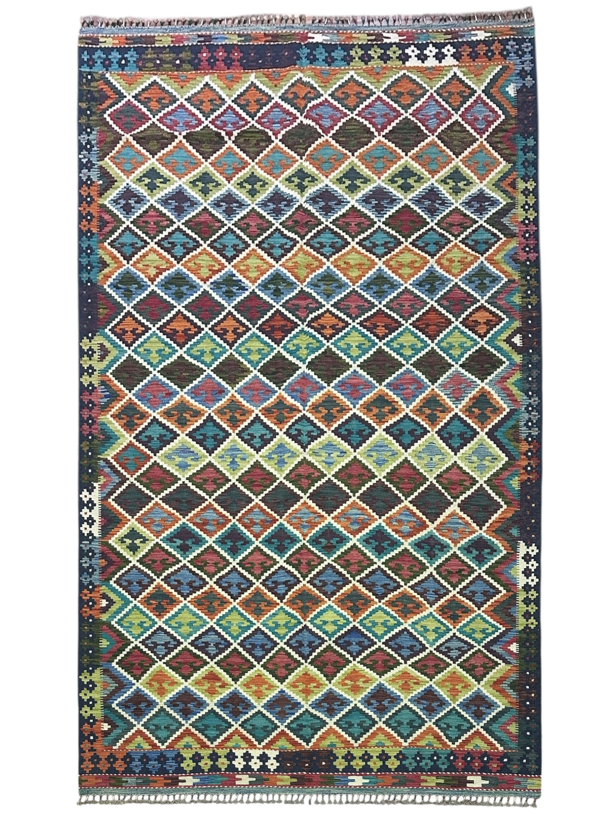 Afghan Kilim Rug 6x10, Ivory, Rust & Teal, Diamond Lattice Wool Flatweave