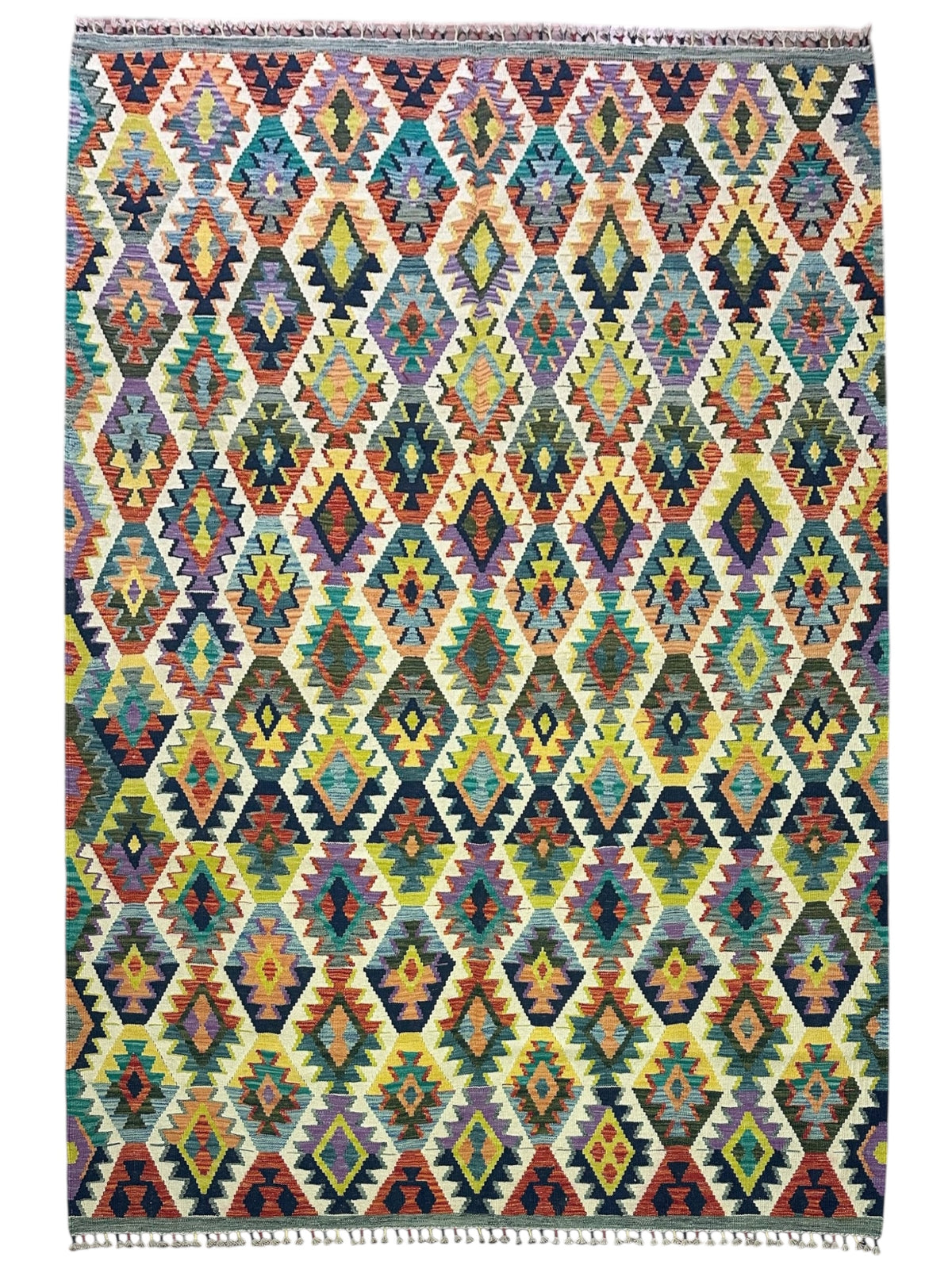 Afghan Kilim Rug 7x10, Ivory, Rust & Teal, Hand-Woven Wool Flatweave