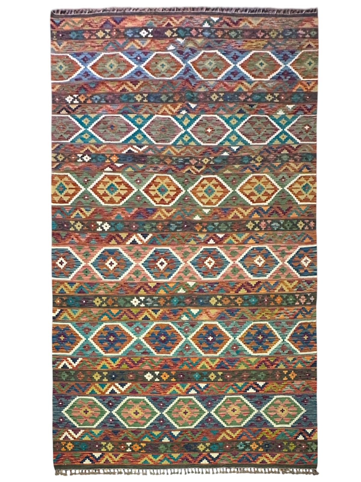 Afghan Kilim Rug 6x10, Rust, Brown & Teal, Hand-Woven Wool Flatweave