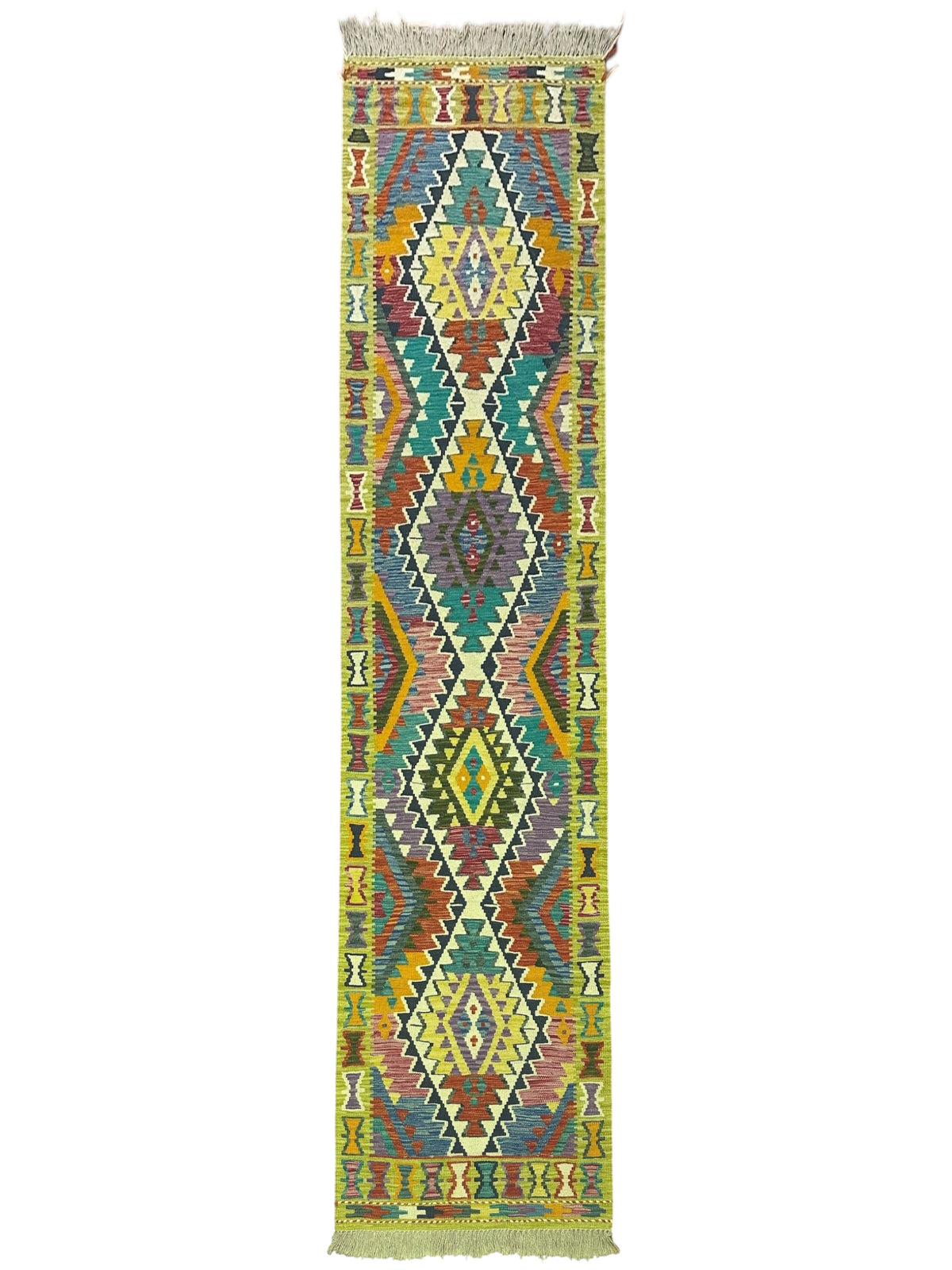 Afghan Kilim Runner 3x10, Olive Green, Teal & Ivory, Hand-Woven Wool Flatweave