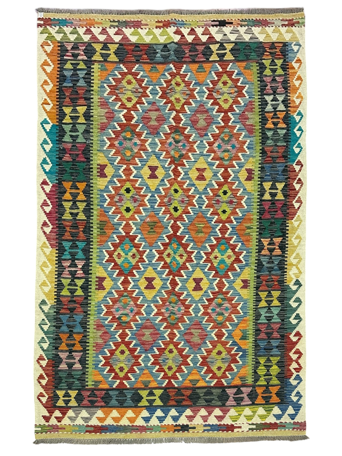 Afghan Kilim Rug 5x7, Rust, Teal & Ivory, Diamond Lattice Wool Flatweave