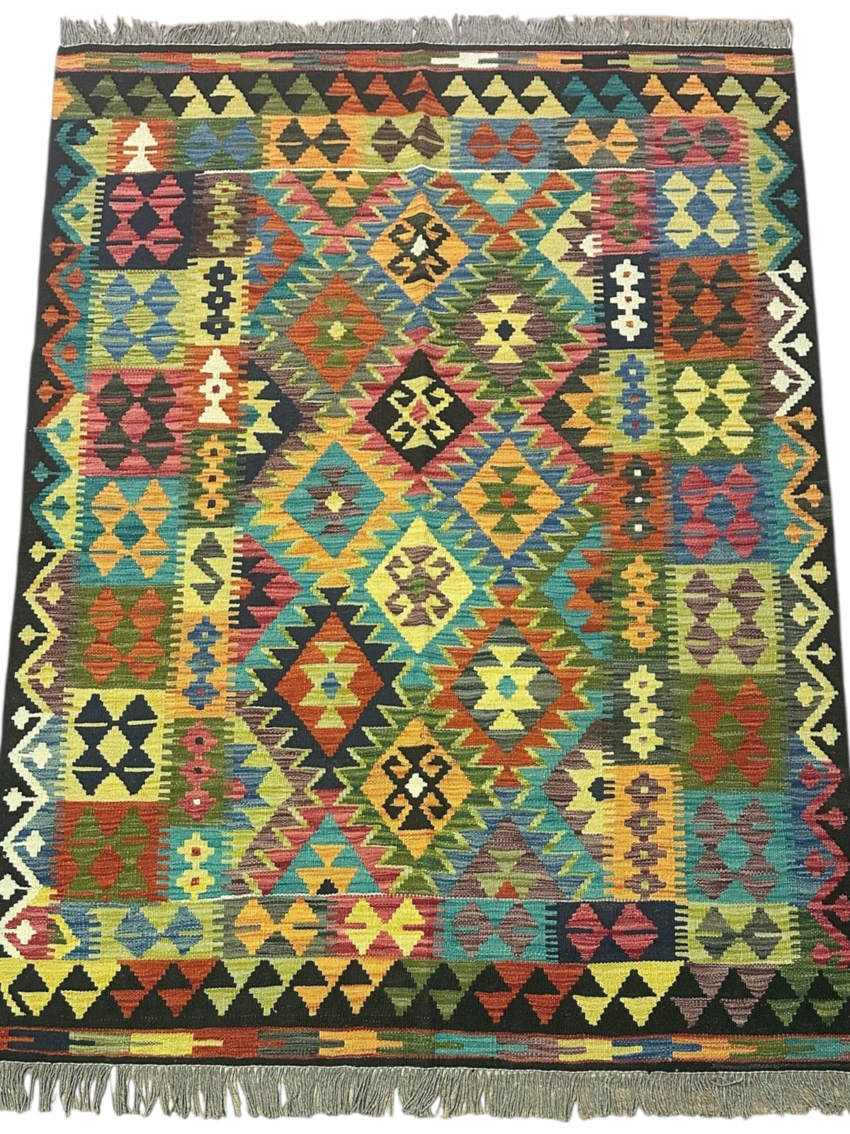 Afghan Kilim Rug 5x6, Rust, Teal & Gold, Hand-Woven Wool Flatweave, view 2