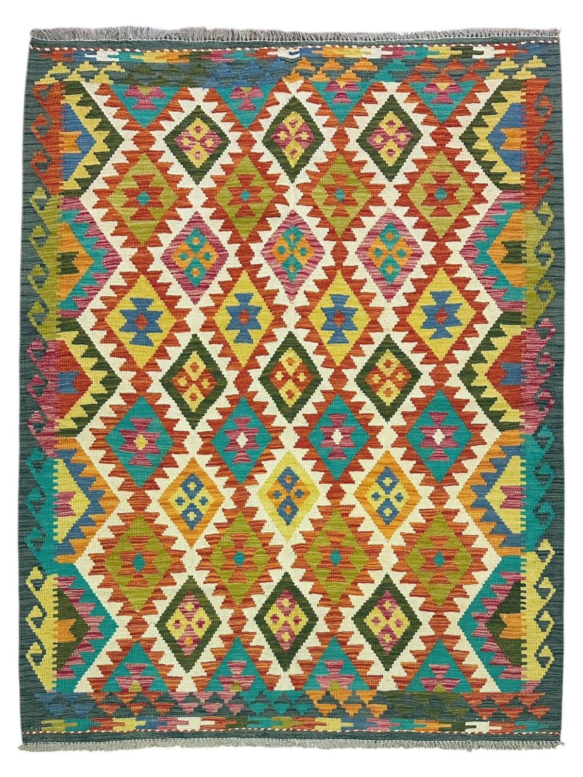Afghan Kilim Rug 5x6, Rust, Ivory & Teal, Diamond Lattice Wool Flatweave
