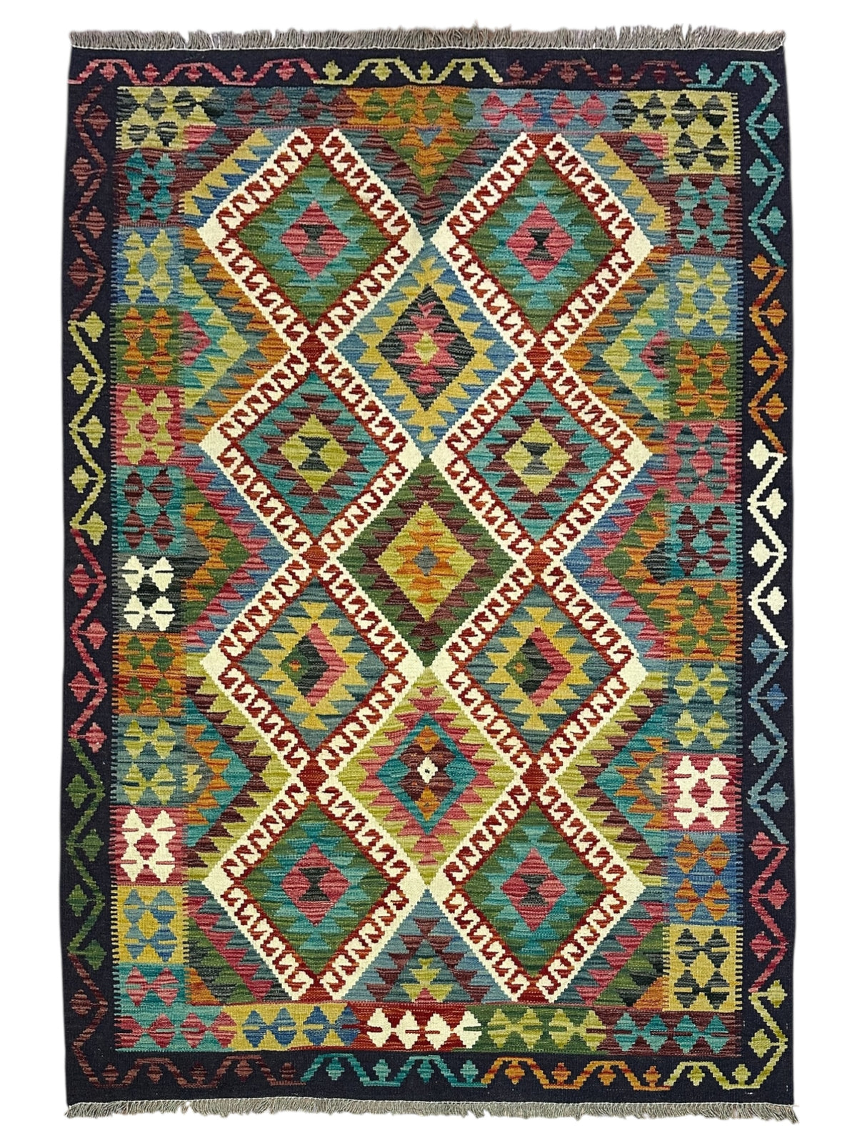 Afghan Kilim Rug 5x7, Navy, Teal & Rust, Hand-Woven Wool Flatweave