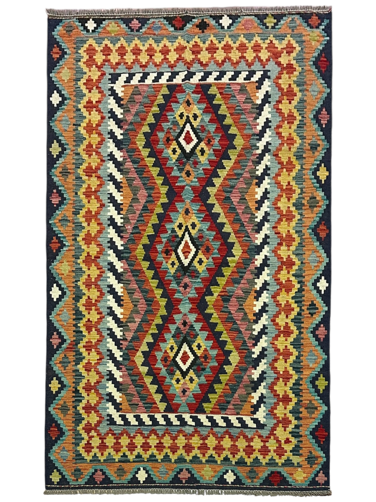 Afghan Kilim Rug 4x7, Gold, Rust & Navy, Hand-Woven Wool Flatweave