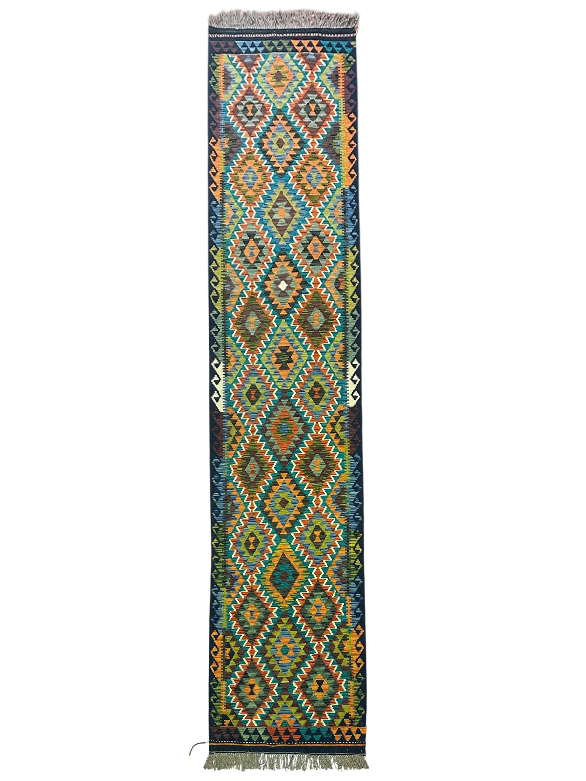 Afghan Kilim Runner 3x12, Navy, Teal & Rust, Diamond Lattice Wool Flatweave