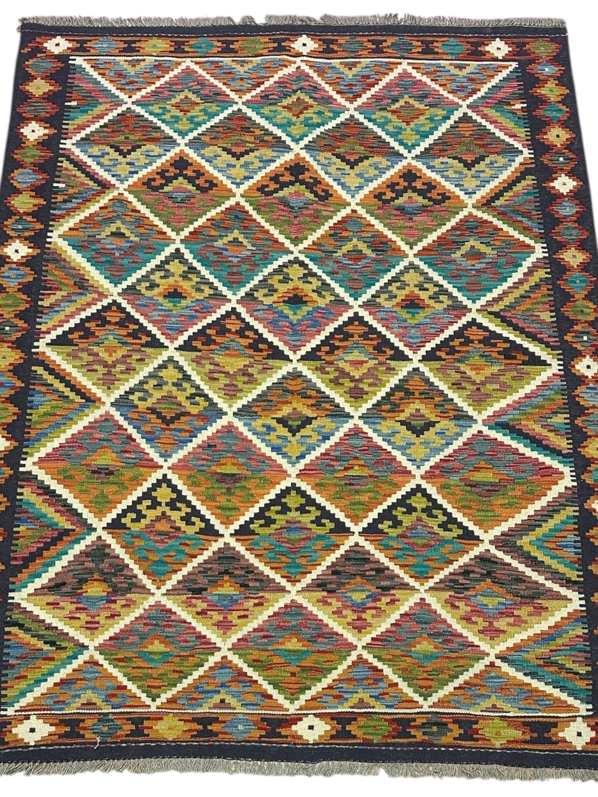 Afghan Kilim Rug 5x7, Navy, Gold & Rust, Hand-Woven Wool Flatweave, view 2