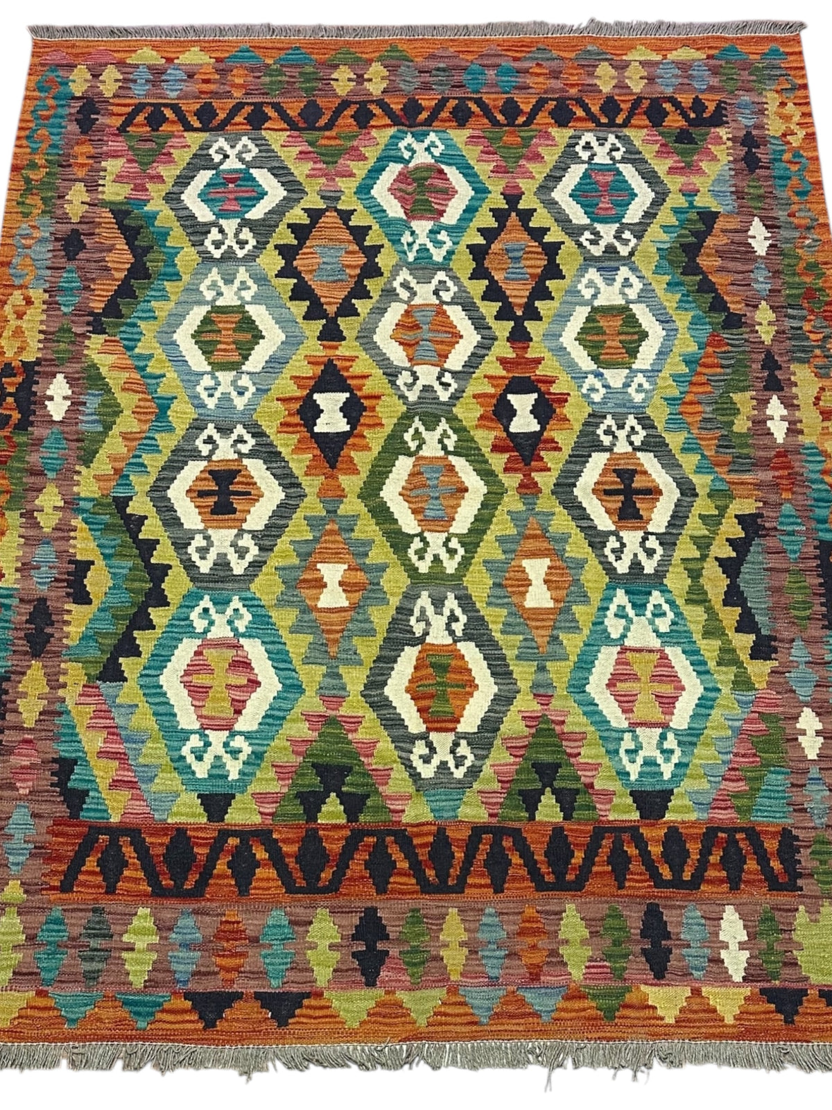 Afghan Kilim Rug 5x7, Olive Green, Rust & Ivory, Hand-Woven Wool Flatweave, view 2