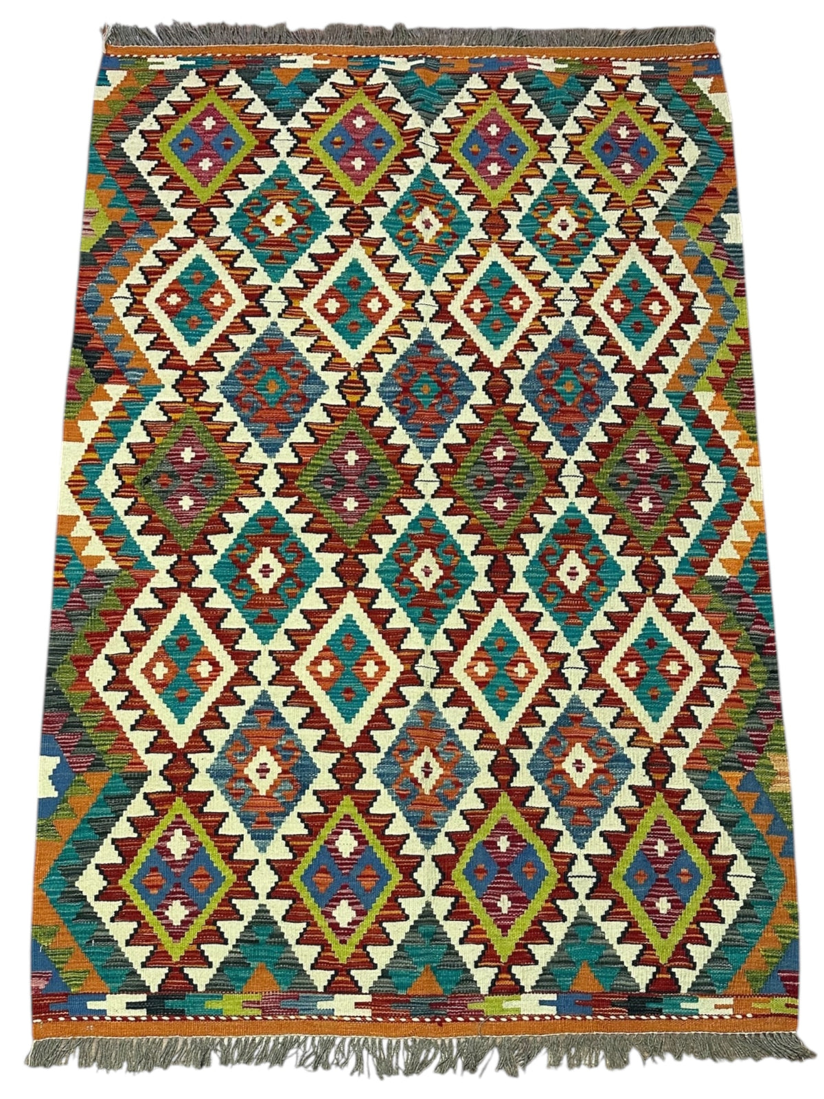 Afghan Kilim Rug 4x6, Rust, Teal & Ivory, Hand-Woven Wool Flatweave, view 2