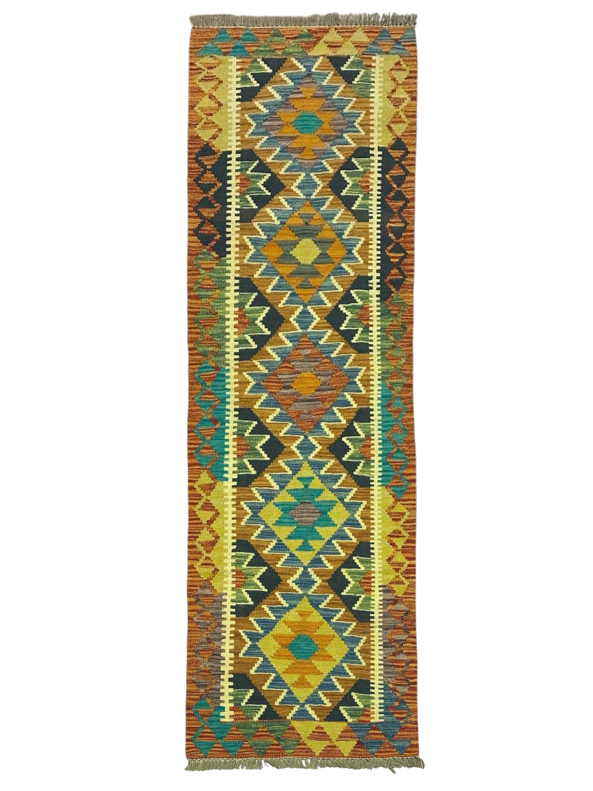 Afghan Kilim Runner 2x6, Gold, Rust & Teal, Hand-Woven Wool Flatweave