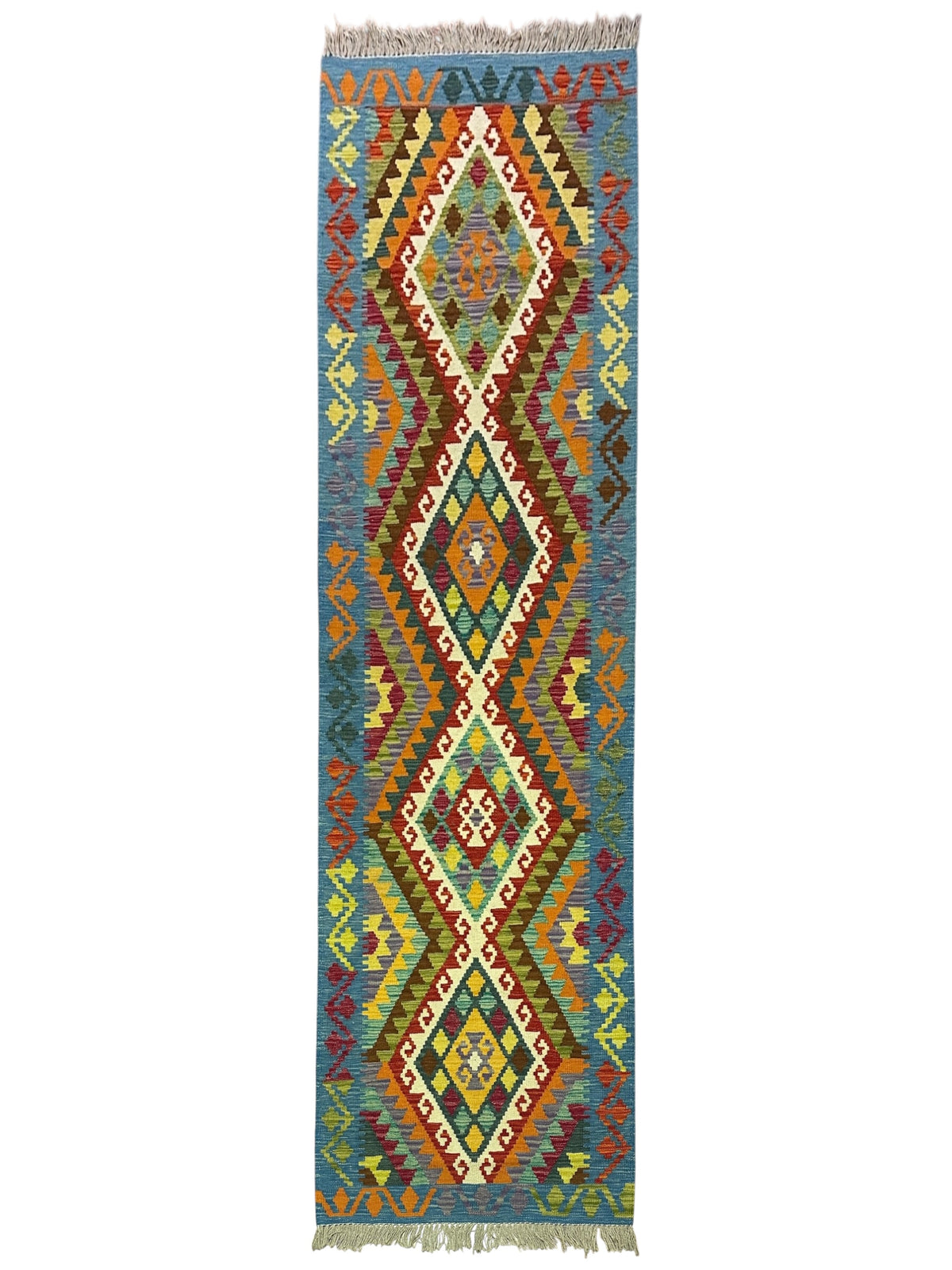 Afghan Kilim Runner 3x10, Blue, Rust & Ivory, Hand-Woven Wool Flatweave