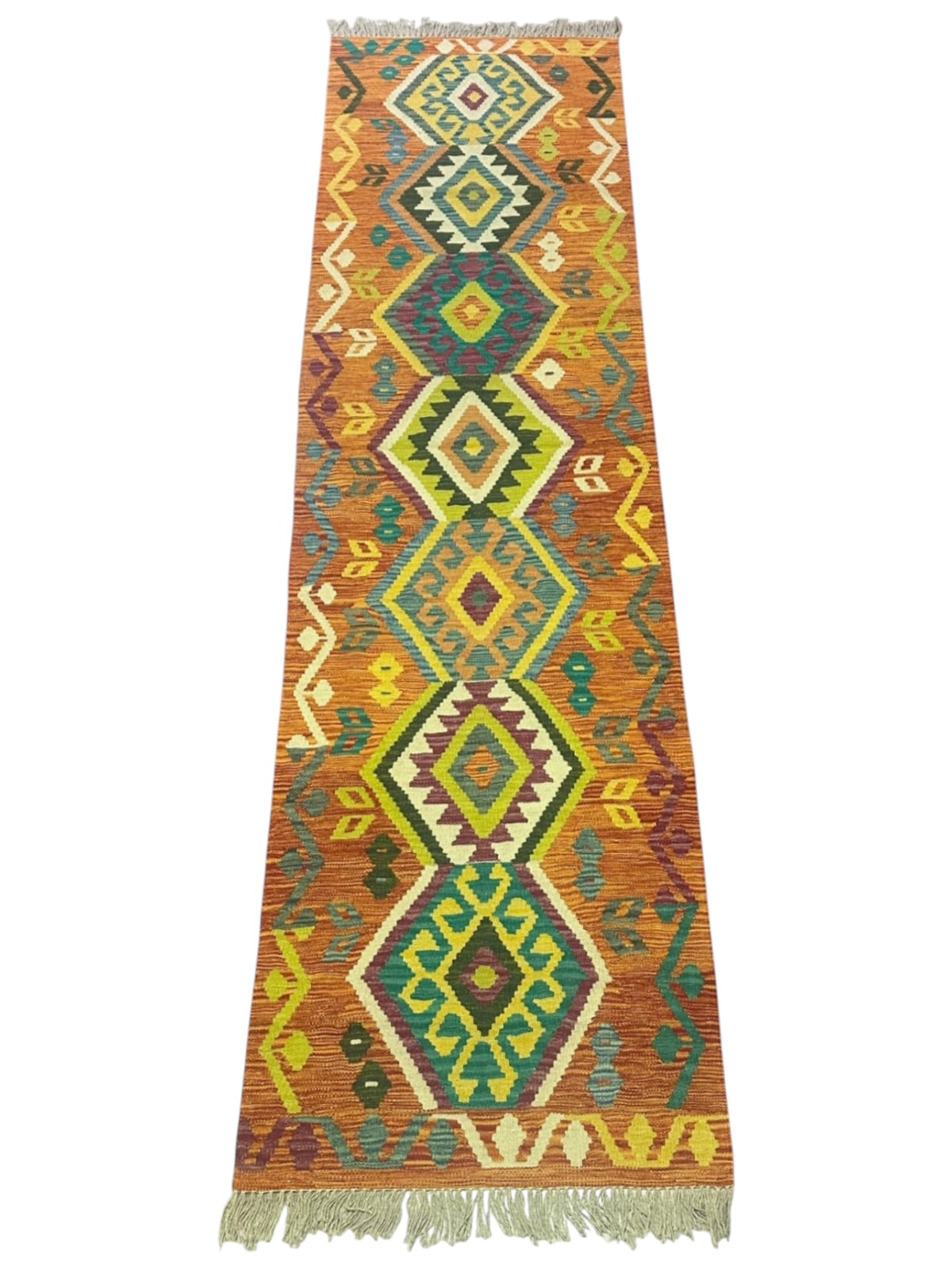 Afghan Kilim Runner 3x10, Orange, Teal & Yellow, Hand-Woven Wool Flatweave, view 2