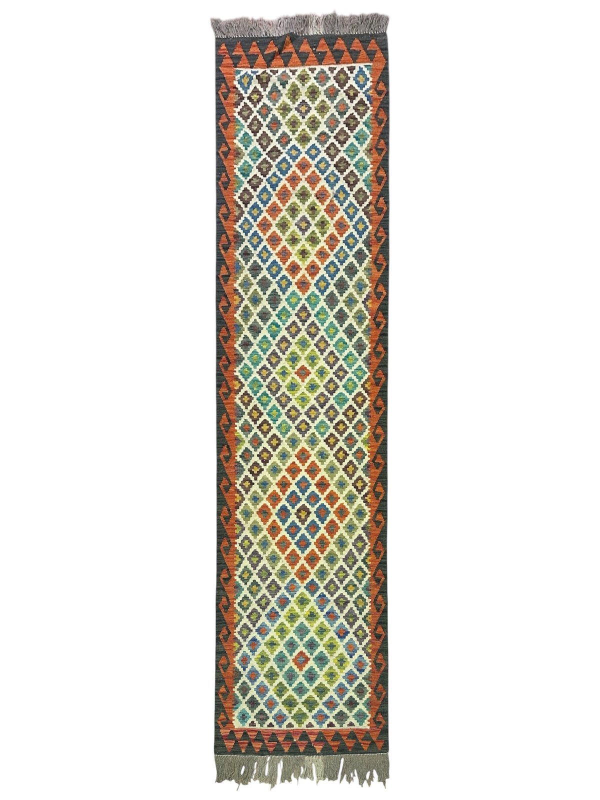 Afghan Kilim Runner 3x10, Ivory, Rust & Teal, Diamond Lattice Wool Flatweave