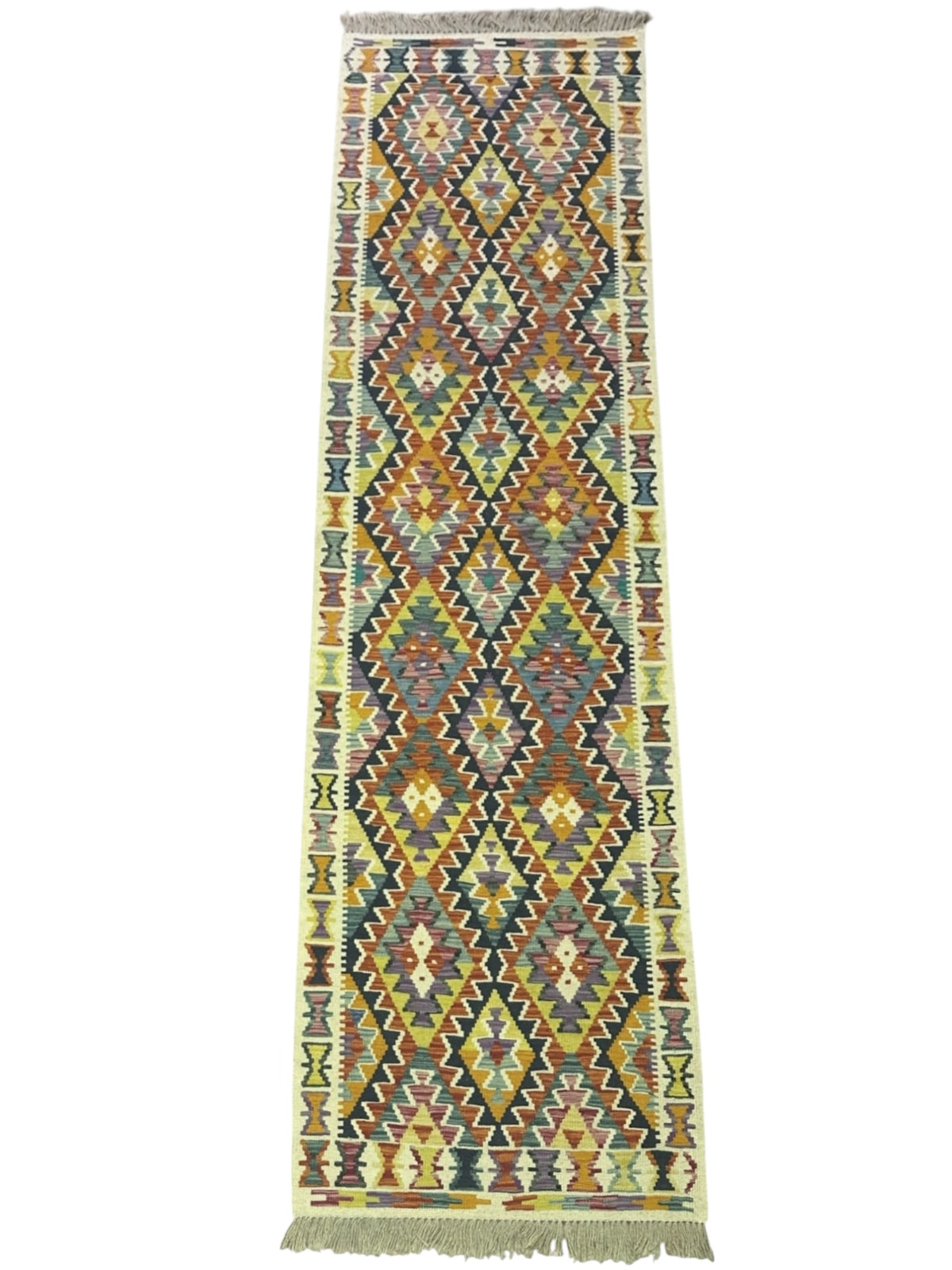 Afghan Kilim Runner 3x10, Ivory, Gold & Purple, Hand-Woven Wool Flatweave, view 2
