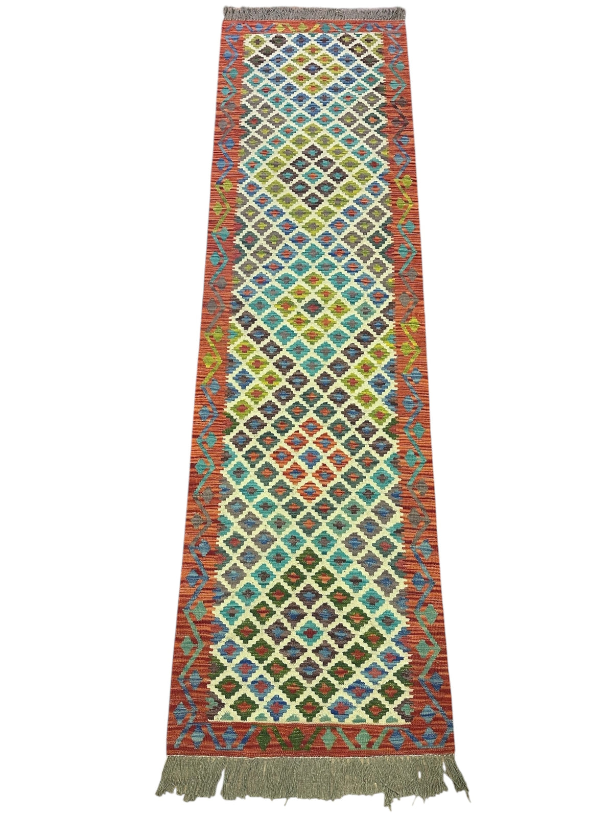 Afghan Kilim Runner 3x10, Ivory, Rust & Teal, Hand-Woven Wool Flatweave, view 2
