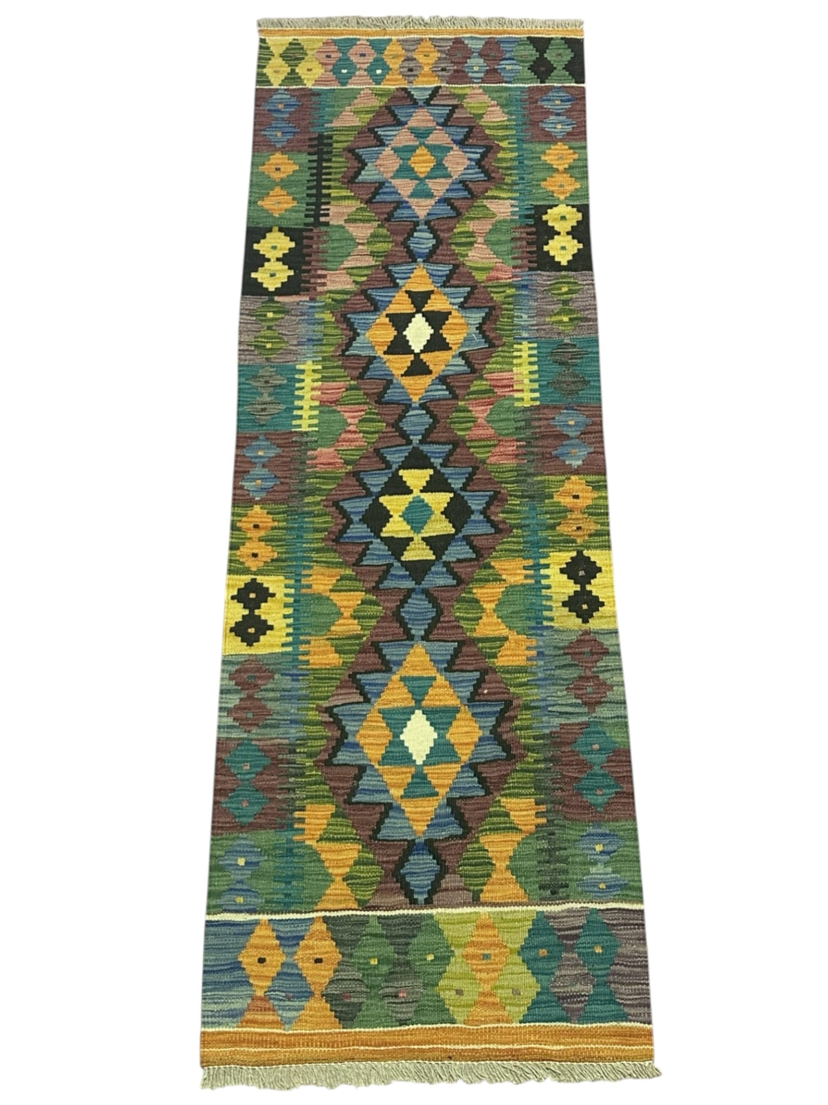 Afghan Kilim Runner 2x6, Olive Green, Teal & Gold, Hand-Woven Wool Flatweave, view 2